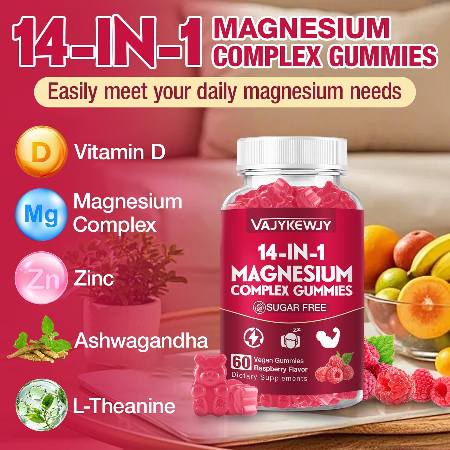 VAJYKEWJY Magnesium Complex Gummies – 2 Pack, 14-in-1 Formula with Ashwagandha, L-Theanine, Vitamin D3 & Zinc, Vegan Raspberry Flavor, 120 Gummies