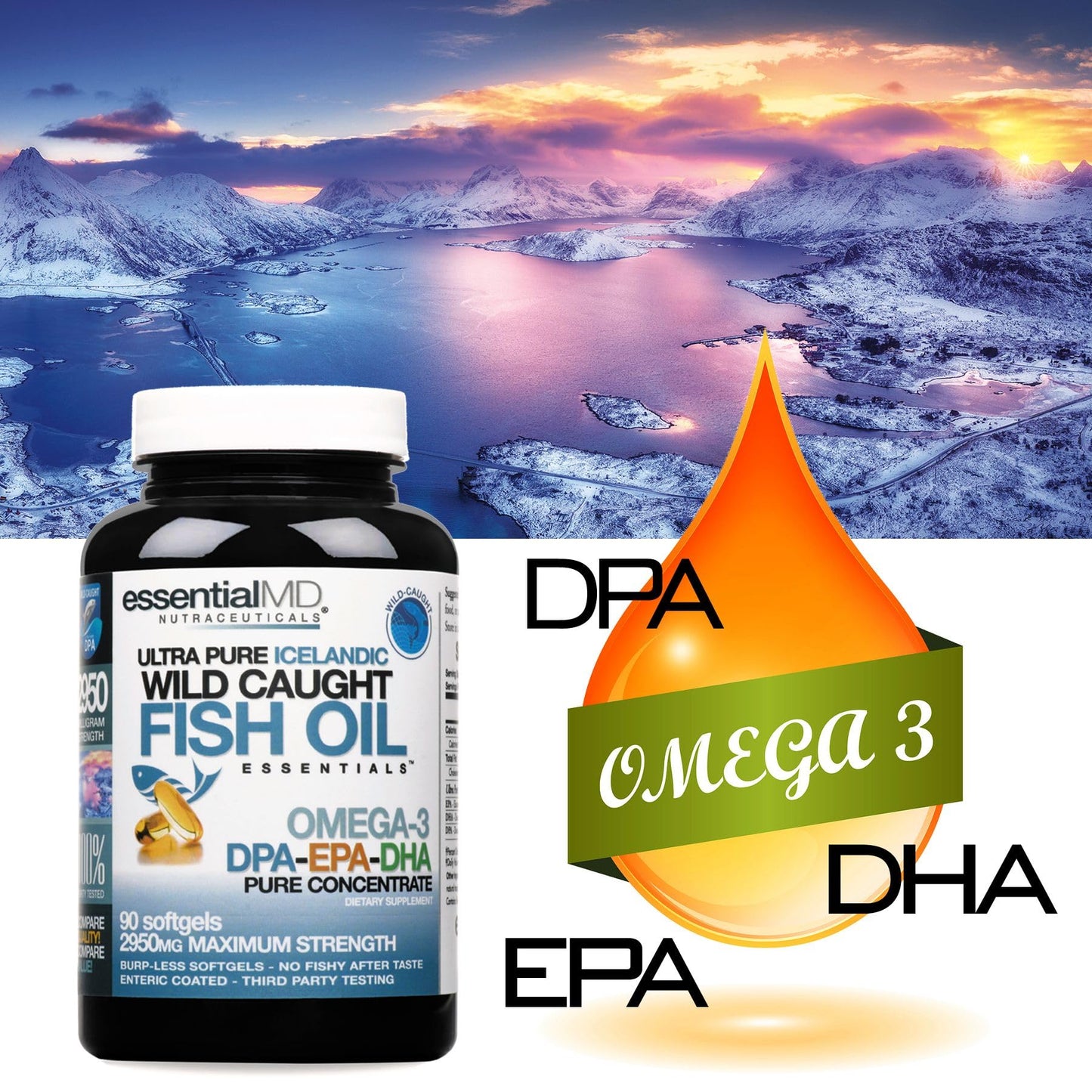 Essential MD Triple Strength Wild Caught Icelandic Omega-3 Fish Oil Essentials 2900mg with DPA, EPA & DHA, 90 Capsules