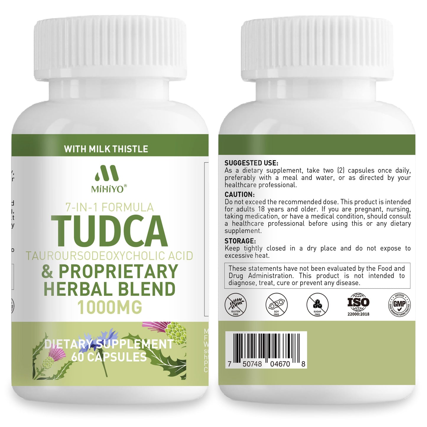 MIHIYO TUDCA 1000mg Liver Support with Milk Thistle, 6-Herb Gallbladder Formula, 60 Capsules