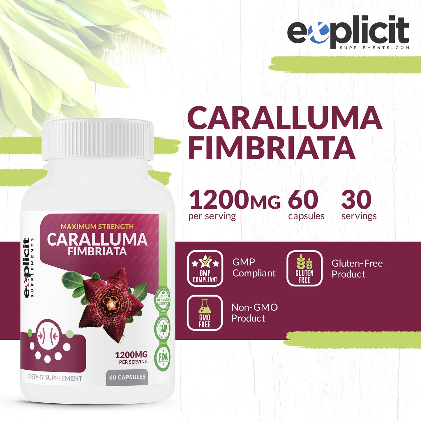 eXplicit Supplements Pure Caralluma Fimbriata Max Strength Capsules, 60 Count