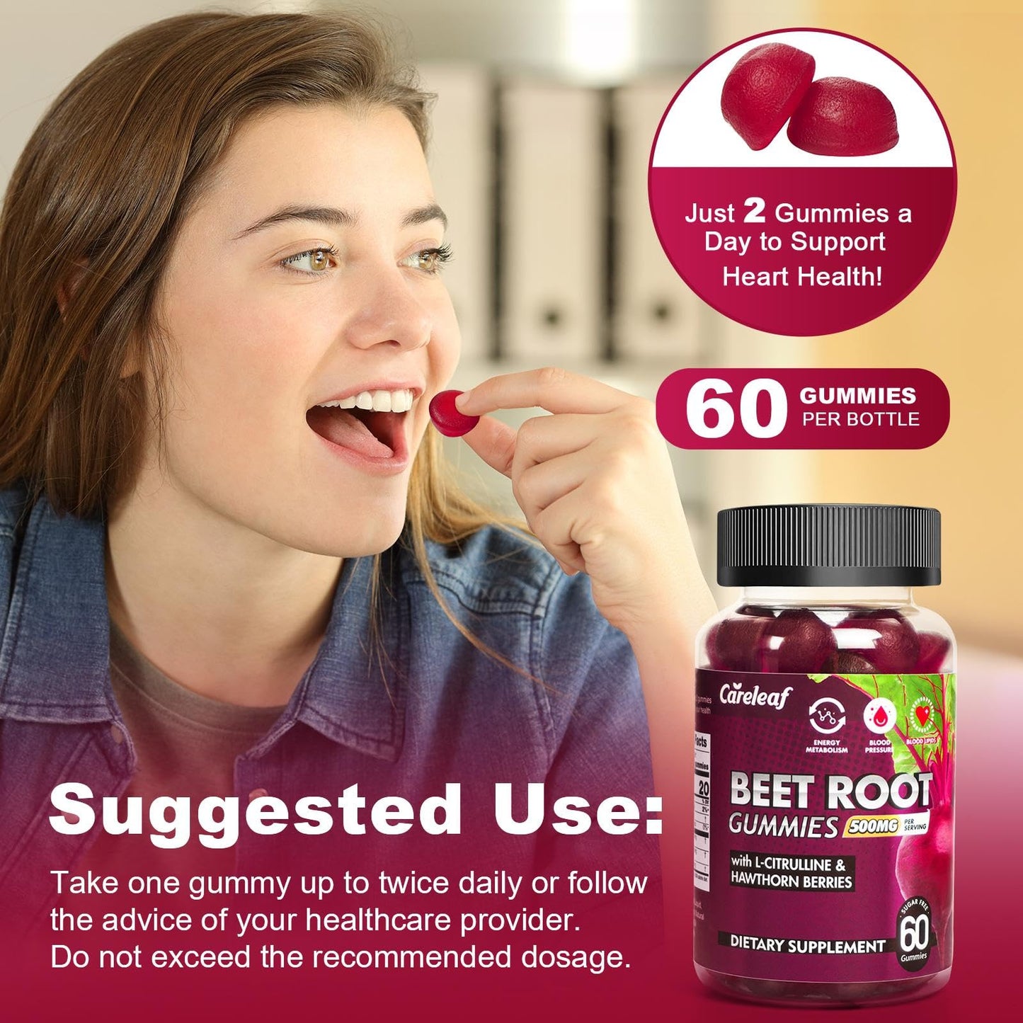 careleaf Sugar-Free Vegan Beet Root Gummies with L-Citrulline & Hawthorn Extract – Nitric Oxide Support – Peach Flavor, 60 Count