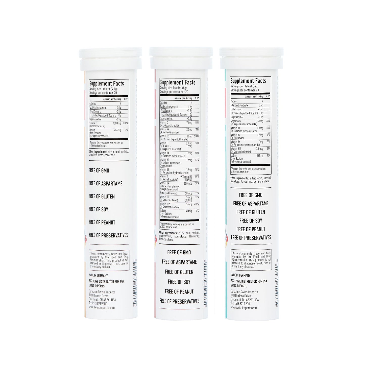 Swiss Imports Effervescent Variety Pack with Vitamin C 1000mg, Magnesium + B Complex, Multivitamin + Biotin, 120 Tablets