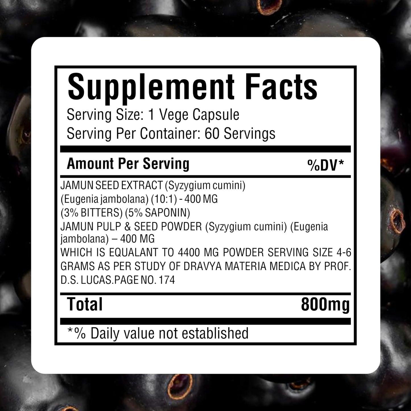 Herbsforever Jamun Capsules Eugenia Jambolana Seeds Extract Ratio (10:1) Wellness Supplement, 60 Capsules