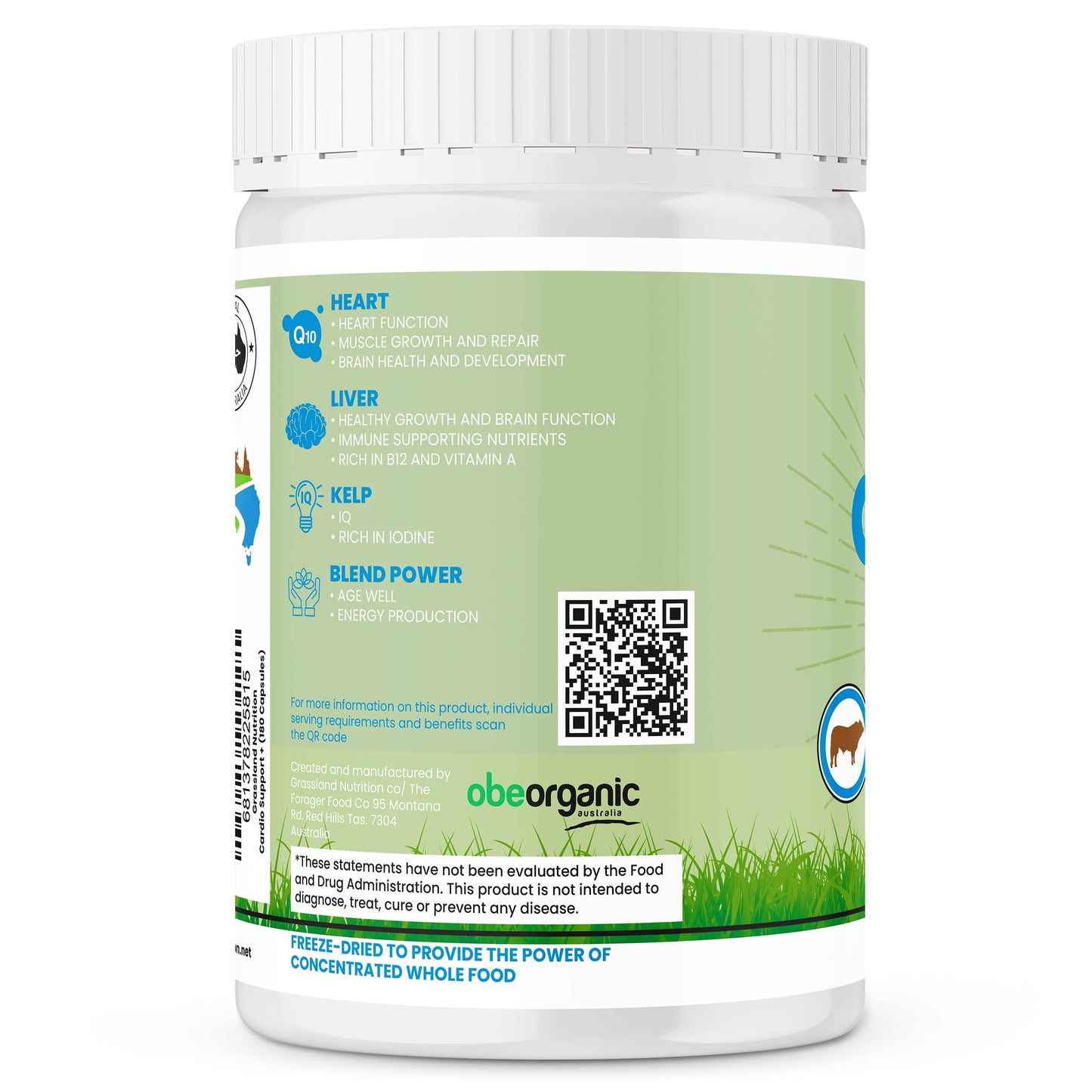 Grassland Nutrition Cardio Support Beef Organ Blend with CoQ10, B12, Iodine, 180 Capsules