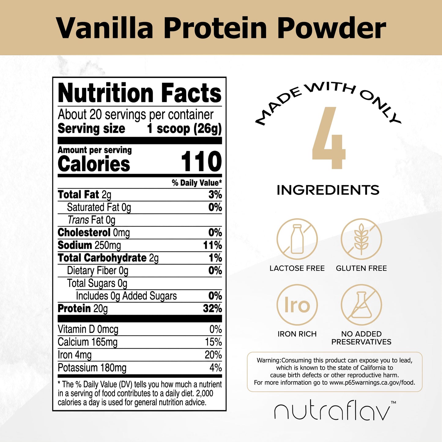 Nutraflav Vanilla Vegan Pea Protein Powder, 18.3 Servings