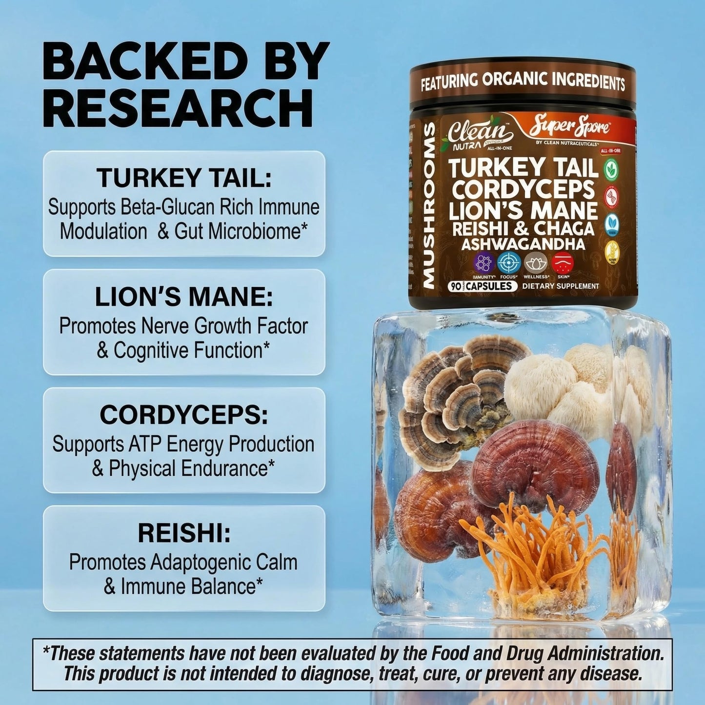 Clean Nutraceuticals Organic Turkey Tail Mushroom Supplement Capsules, 90 Count