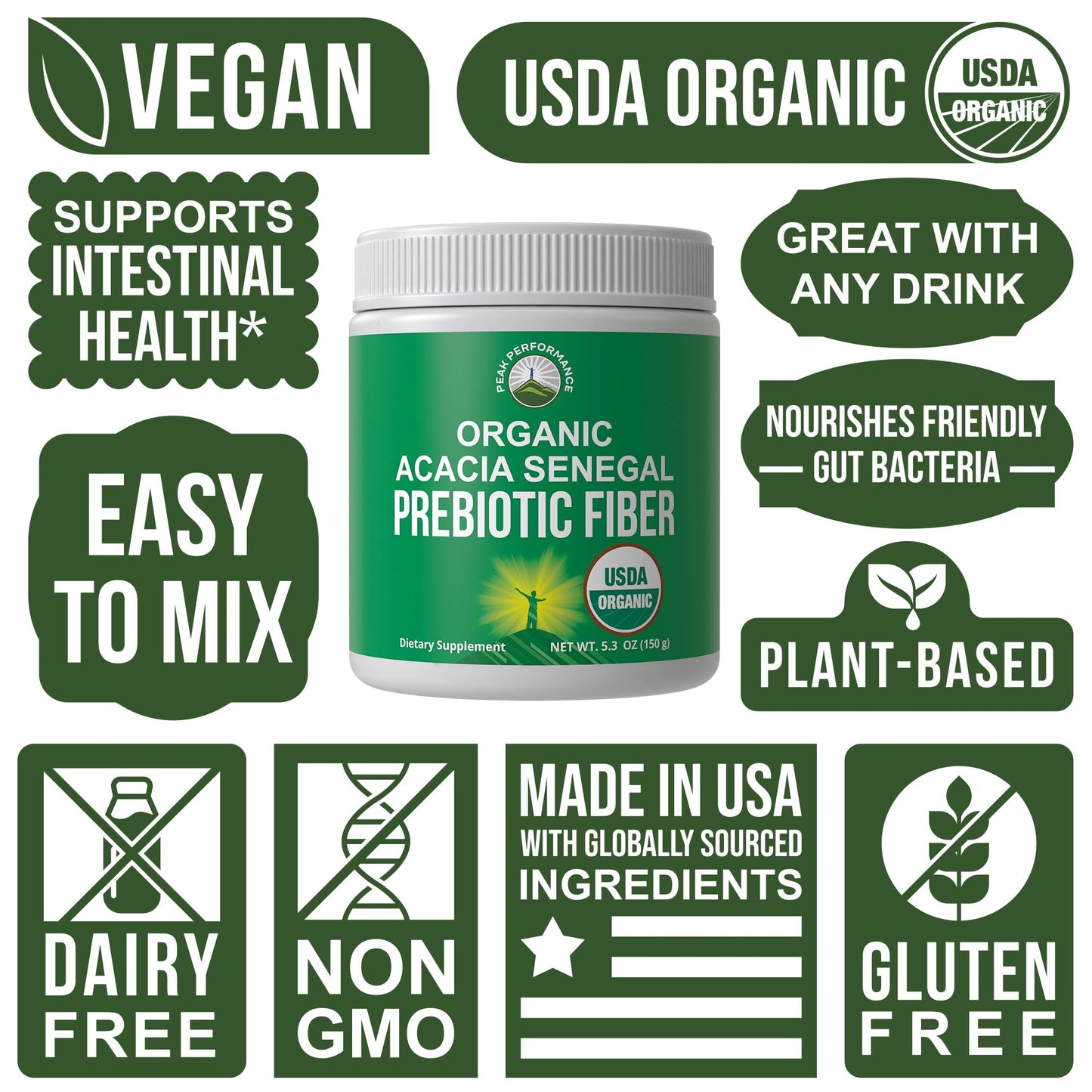 Peak Performance Organic Acacia Senegal Prebiotic Fiber Powder, 5.3 oz