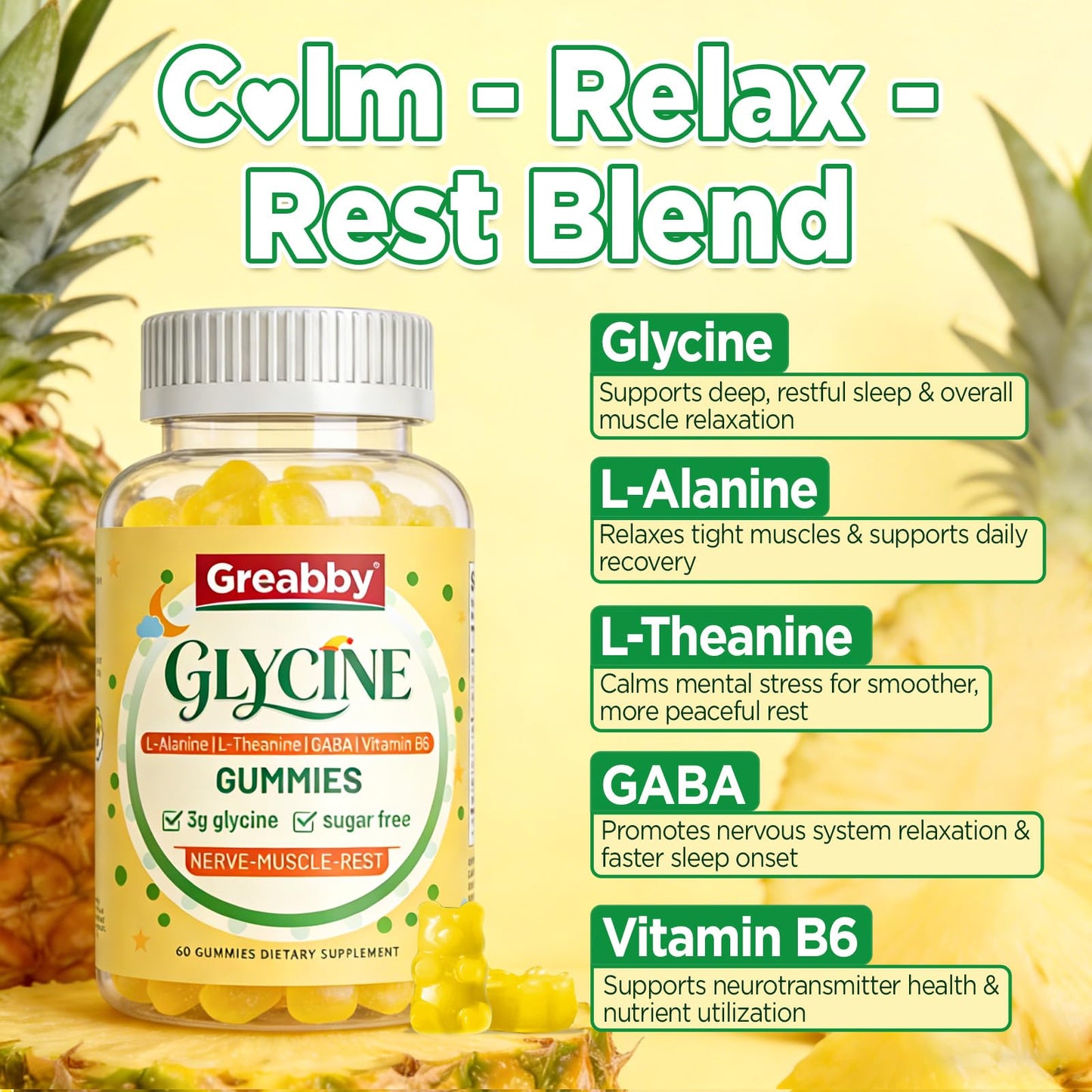 GREABBY Glycine 3g Gummies with L-Alanine 1000 mg, L-Theanine, GABA, Vitamin B6, Sleep Support, Muscle Relaxation, High Absorption Glycine Supplements for Adults, Sugar Free Pineapple Flavor, 60 Gummies