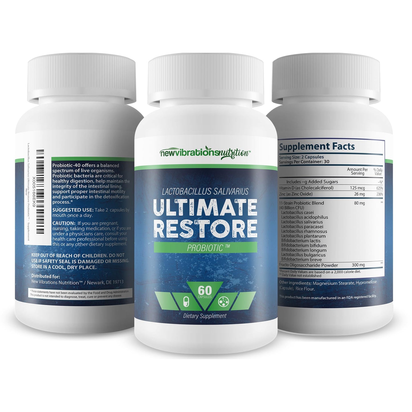 New Vibrations Nutrition Lactobacillus Salivarius Ultimate Restore Probiotic Capsule, 60 Count