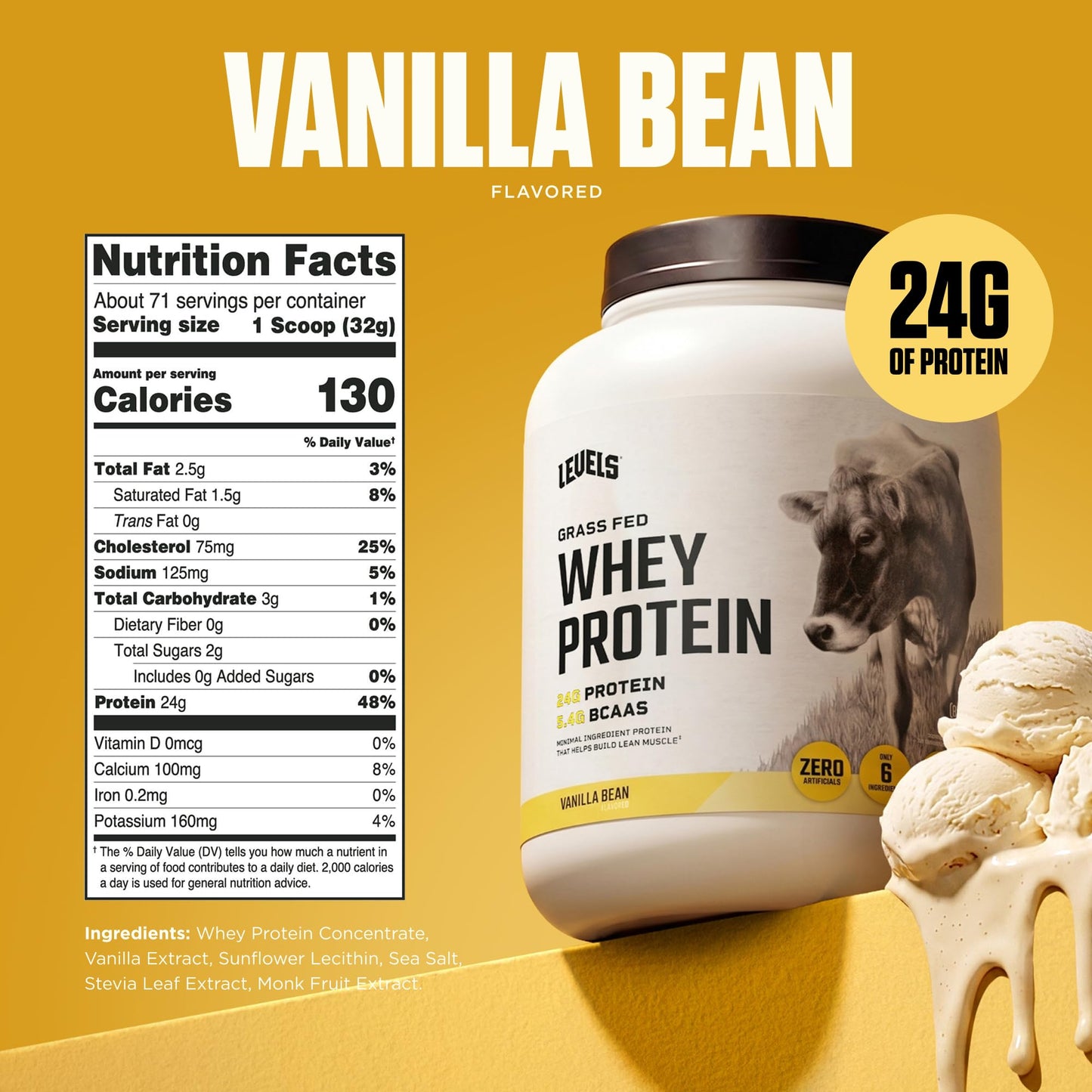 Levels Nutrition Grass Fed Whey Protein Powder Vanilla Bean, 80 Servings