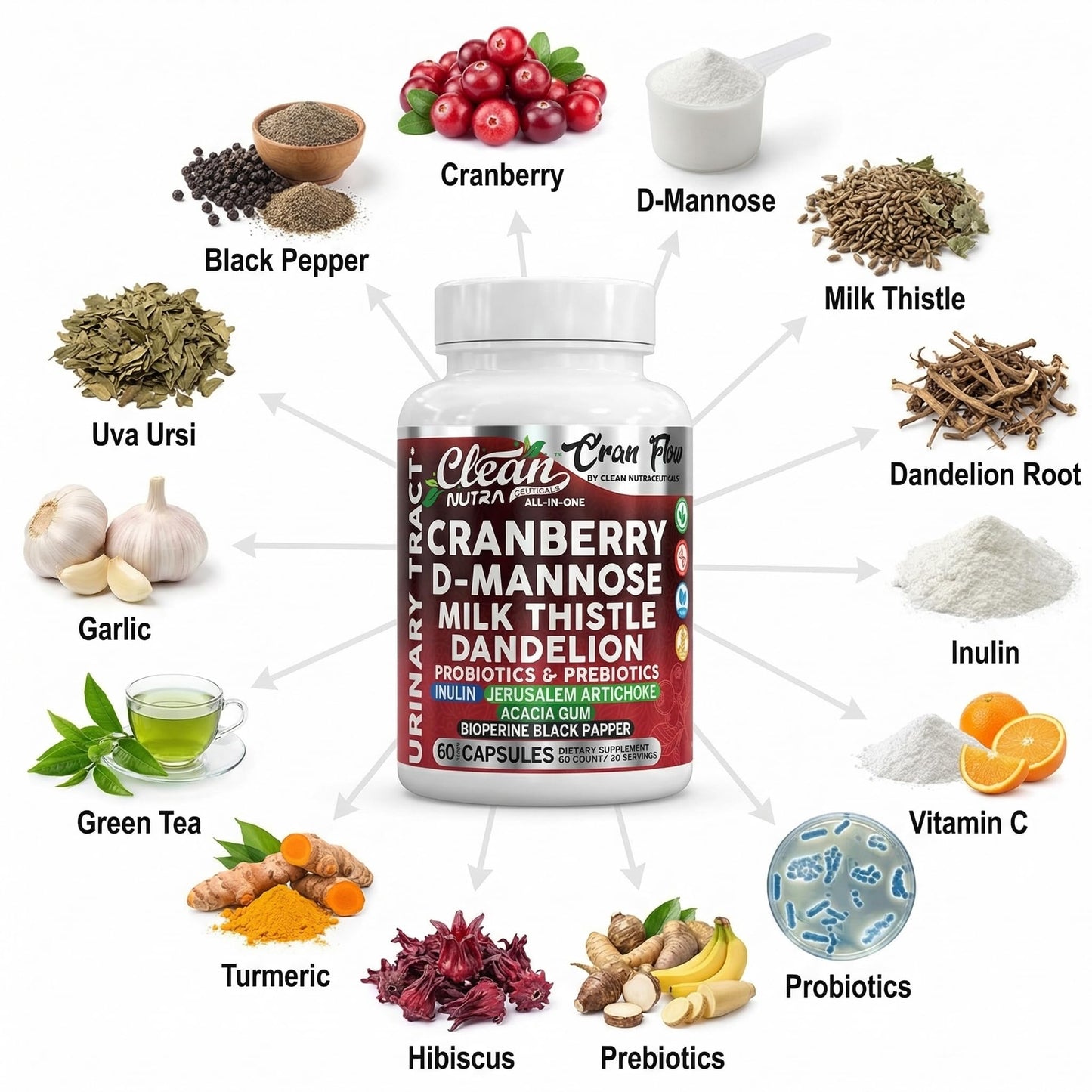 Clean Nutraceuticals Cran Flow Cranberry Capsules for Urinary Health with D-Mannose, Milk Thistle, Dandelion, Inulin, Vitamin C, Prebiotics & Probiotics Bladder Support, 60 Count