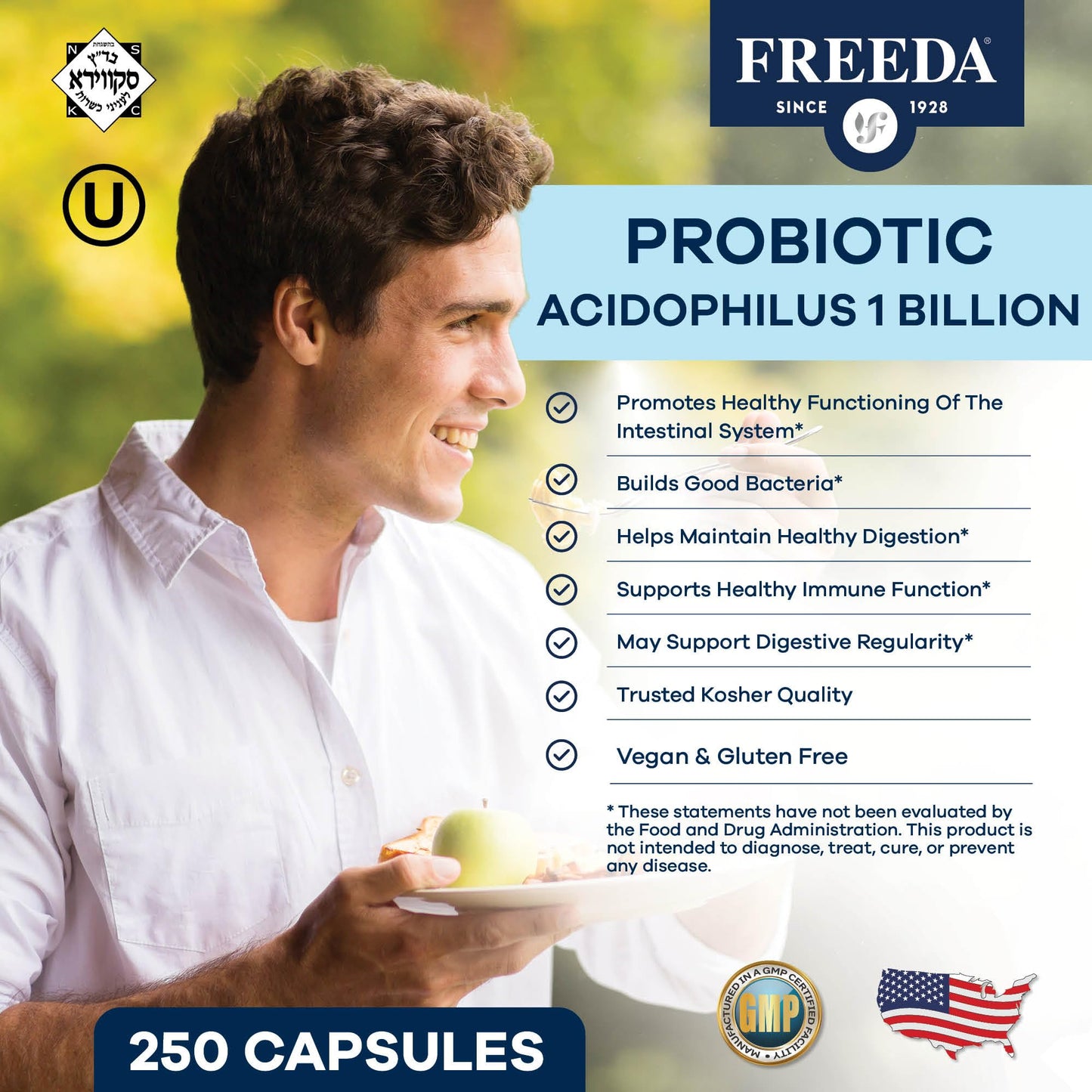 FREEDA Acidophilus Probiotic Capsule 1 Billion CFU Digestive Support, 100 Count