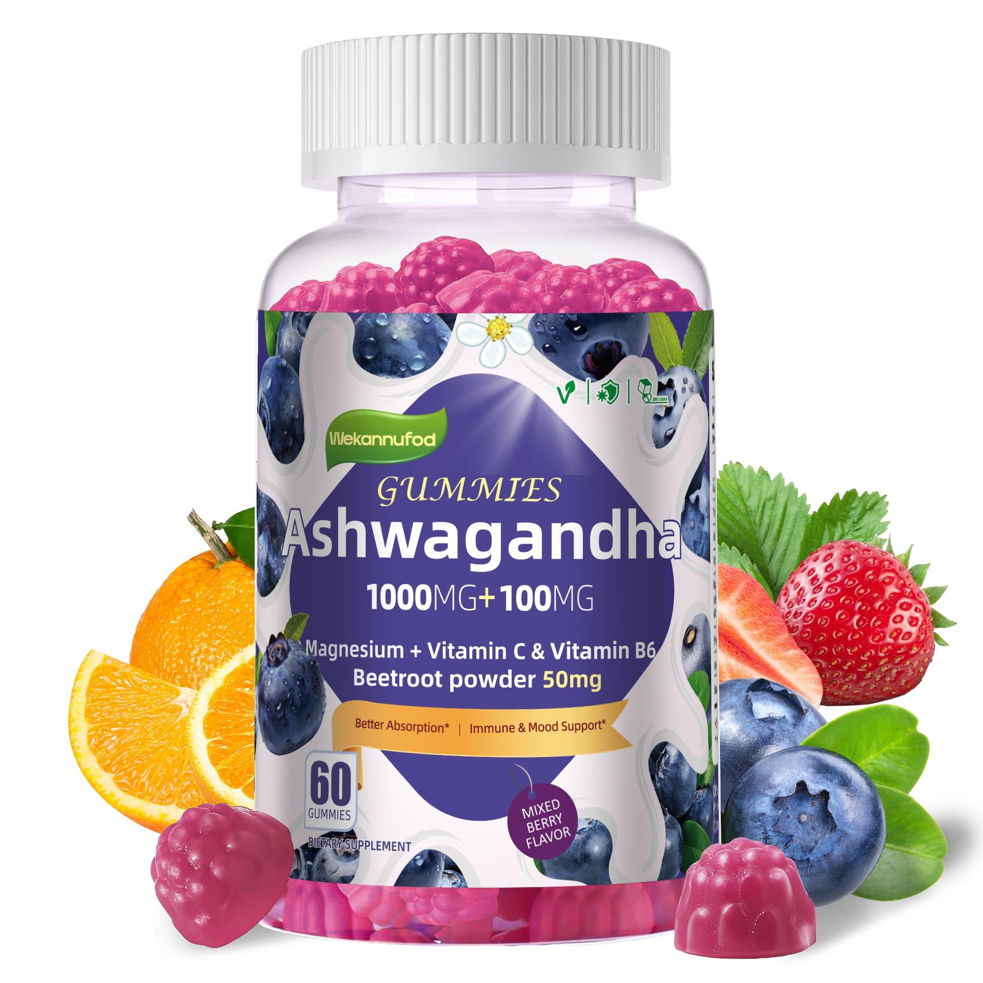 Wekannufod Ashwagandha Gummies 1000mg, 60 Count