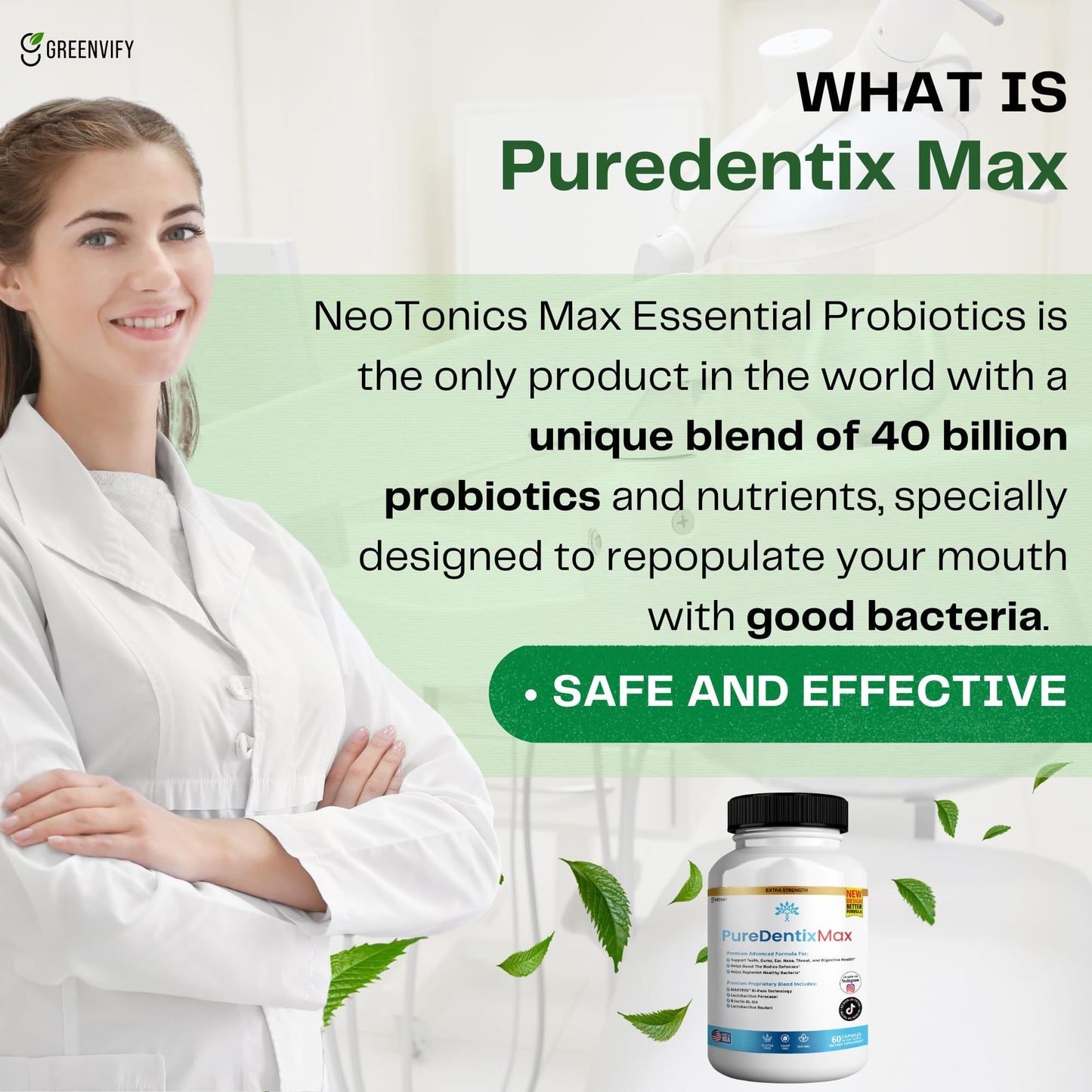 GREENVIFY DentimPure Max Extra Strength Probiotic Supplement with 40 Billion CFU – Supports Teeth, Gums, Ear, Nose, Throat & Digestive Health, 180 Capsules