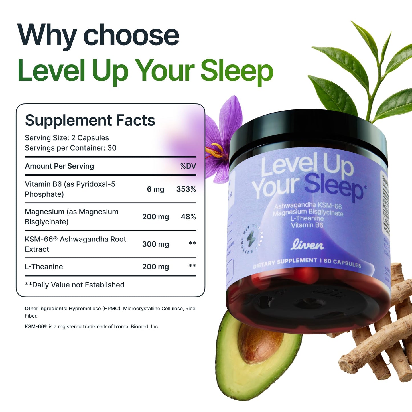 LIVEN SUPPLEMENTS Level Up Your Sleep - Magnesium, Ashwagandha, L-Theanine & Vitamin B6 – Daily Balance & Calm Support, 60 Capsules