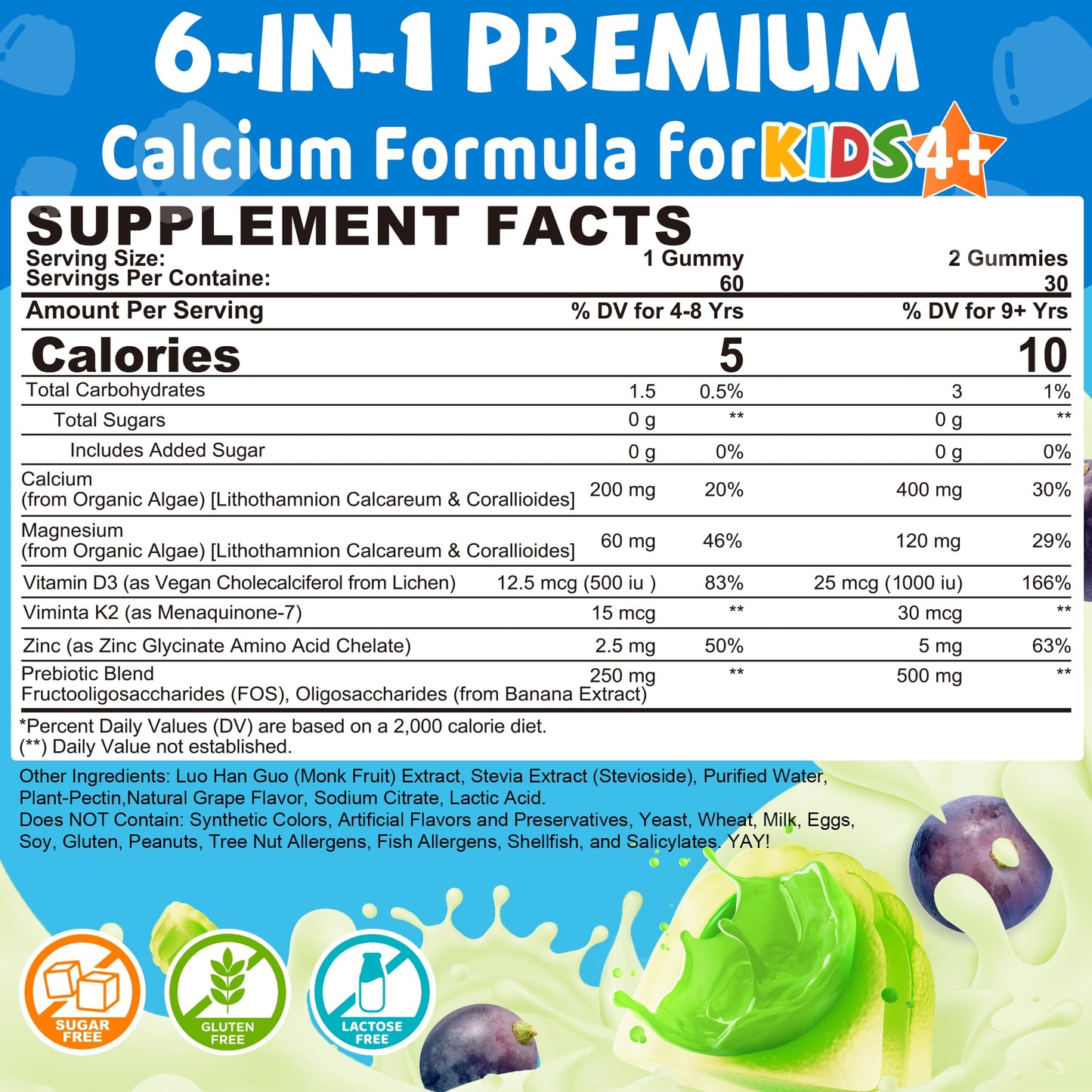 LILICARE Kids Calcium Gummies + Vitamin D3 K2, Magnesium, Zinc, Extra Absorption Algae Calcium Supplement, 60 Gummies