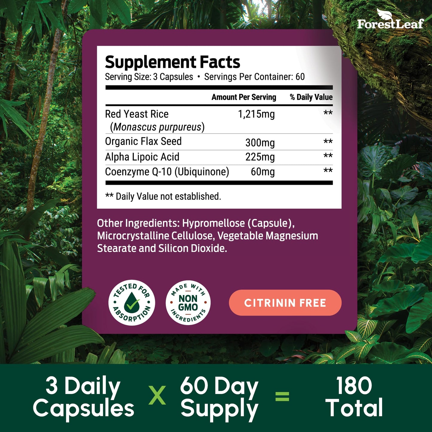 ForestLeaf Red Yeast Rice with CoQ10 Supplement 180 Capsules