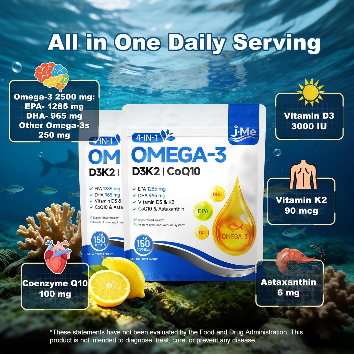JME Omega-3 Fish Oil Softgels 2500mg EPA/DHA + Vitamin D3 K2, CoQ10 & Astaxanthin, Lemon Flavor, 300 Softgels