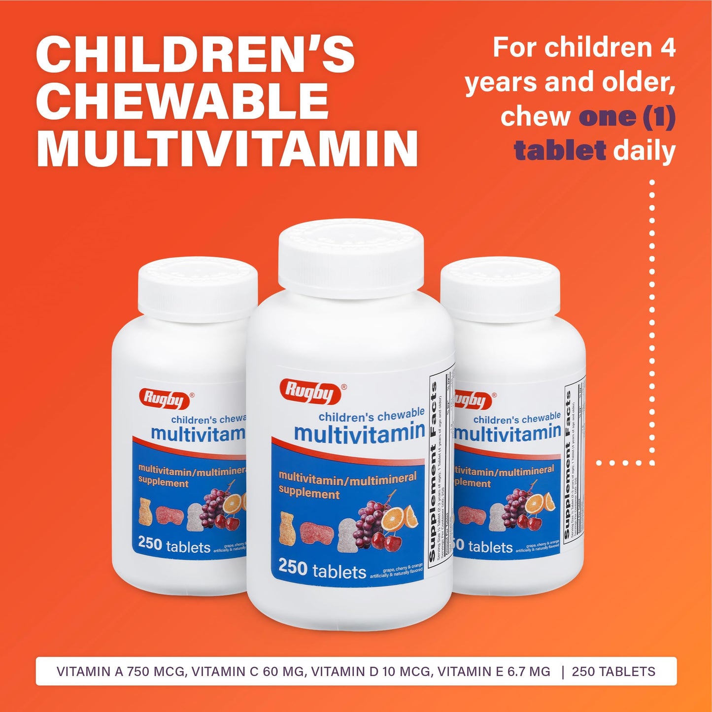 Rugby Laboratories Children's Chewable Multivitamin Tablets, 250 Count