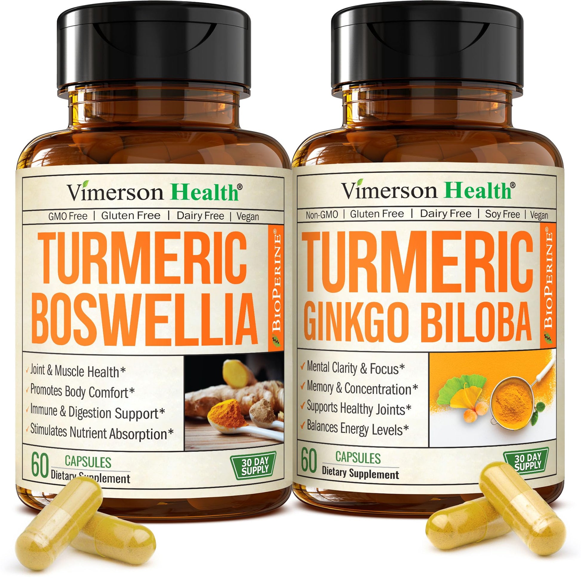 Vimerson Health Boswellia Turmeric Curcumin Supplement with Turmeric Ginkgo Biloba Capsule 120 Count
