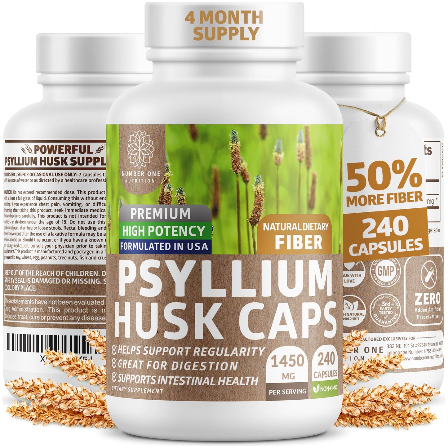 Number One Nutrition Psyllium Husk Capsules 1450mg, 240 Count