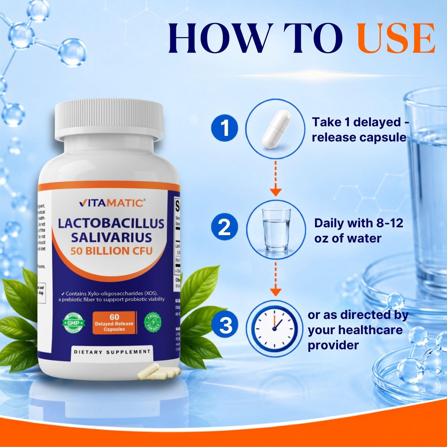 Vitamatic Lactobacillus Salivarius 50 Billion CFU with XOS Prebiotic, Delayed-Release Probiotic, Non-GMO, Gluten Free, 60 Capsules