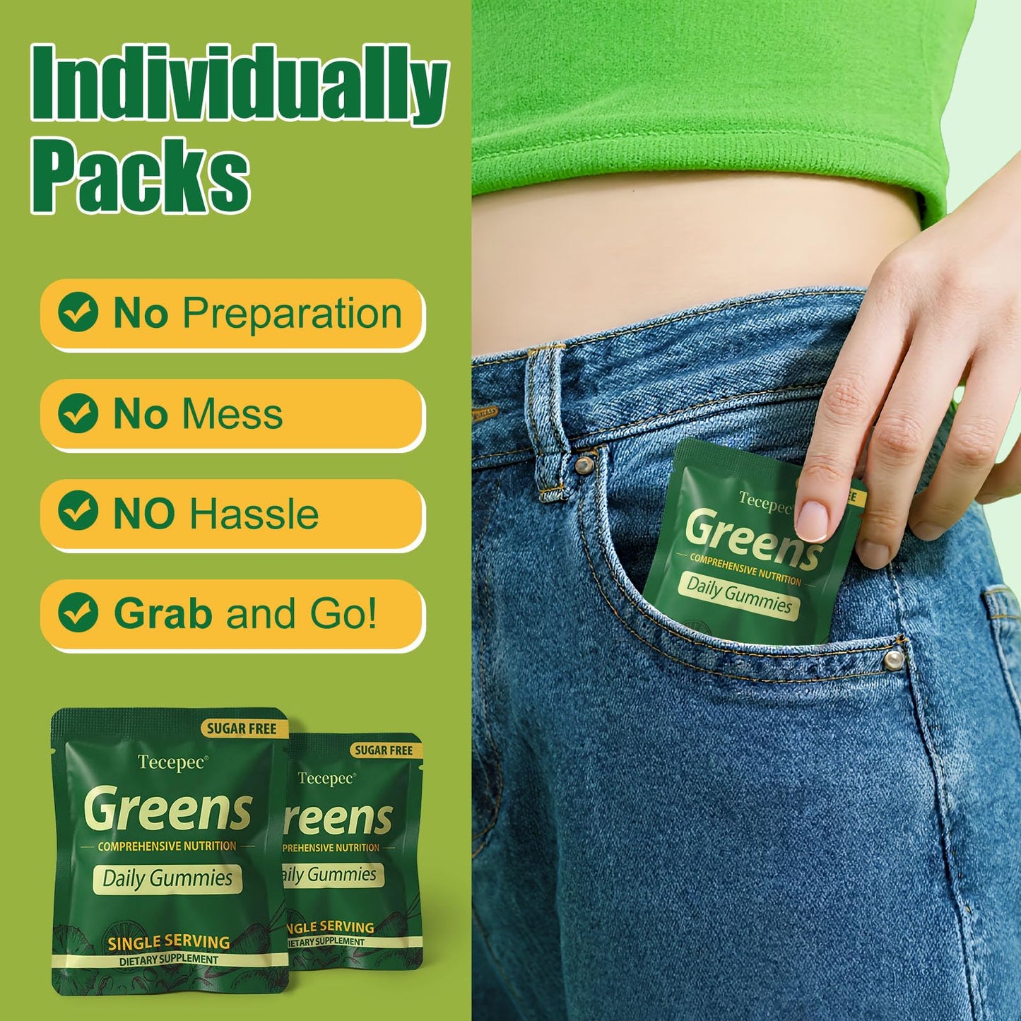 Tecepec Sugar Free Greens Daily Gummies with Spirulina & Chlorella 240 Count