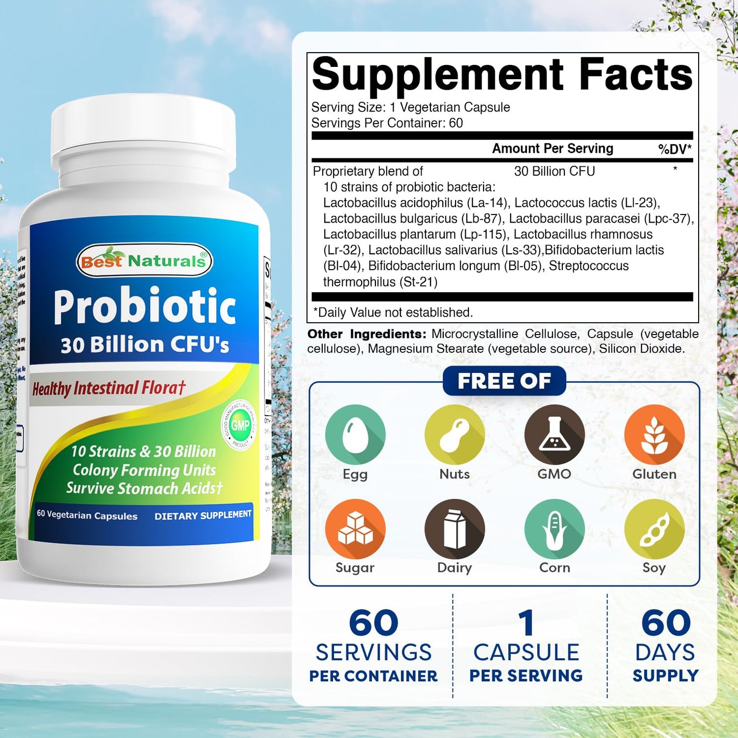 Best Naturals Probiotic 10 Strains & 30 Billion CFU Intestinal Flora Capsules, 120 Capsules
