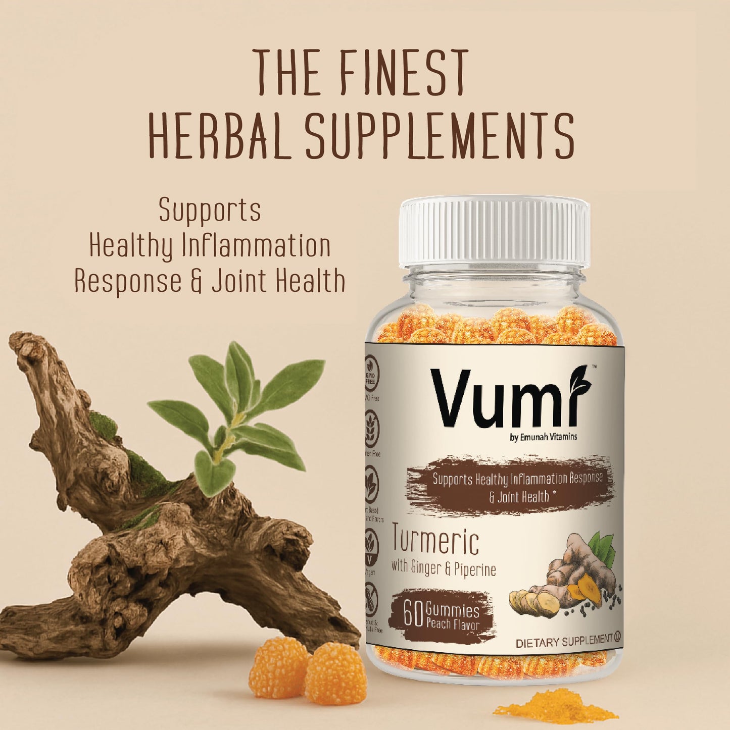 Vumi Turmeric Gummies with Ginger and Piperine, 60 Gummies