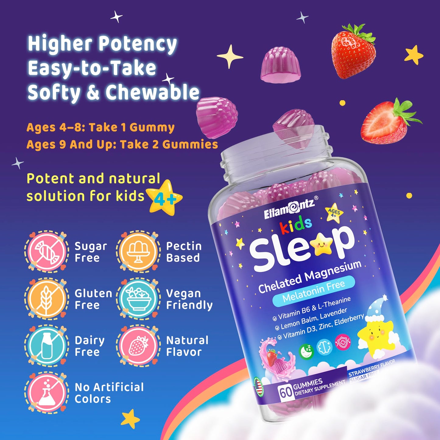 ELLAMENTZ Kids Sleep Gummies No Melatonin Sleep Aid with Magnesium Glycinate, Magnesium Malate, L-Theanine, Lavender, B6, Zinc, D3K2, Restful Sleep and Immune Support, Non-GMO, 120 Gummies