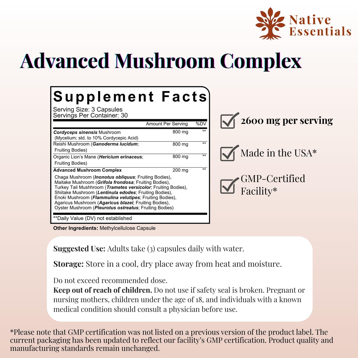 Native Essentials 10-in-1 Mushroom Complex with Lions Mane, Reishi, Cordyceps - 2600mg Focus Energy Immune Support, 90 Capsules