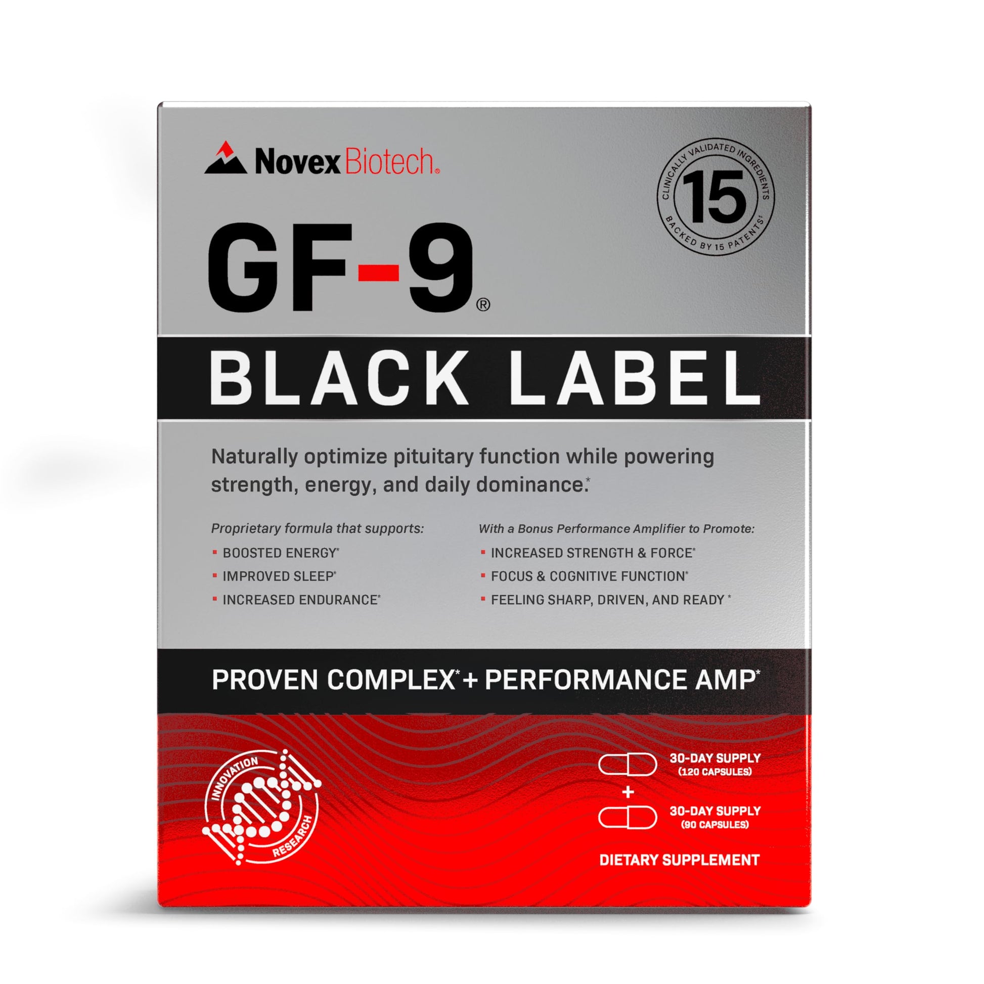 Novex Biotech GF-9 Black Label Advanced HGH Support for Men 45+ – Clinically Studied Amino Acid Complex, Alpha-GPC, GLP-1 Pathway Support & Focus – 210 Capsules