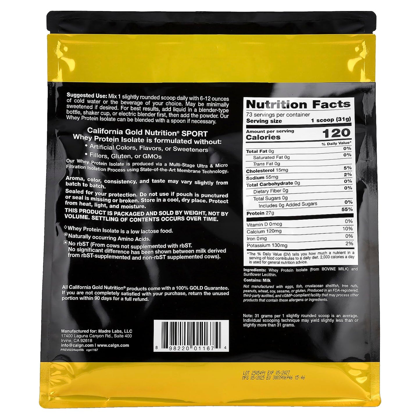 California Gold Nutrition Whey Protein Isolate Powder, Unflavored, 5 lb, 80.1 Servings