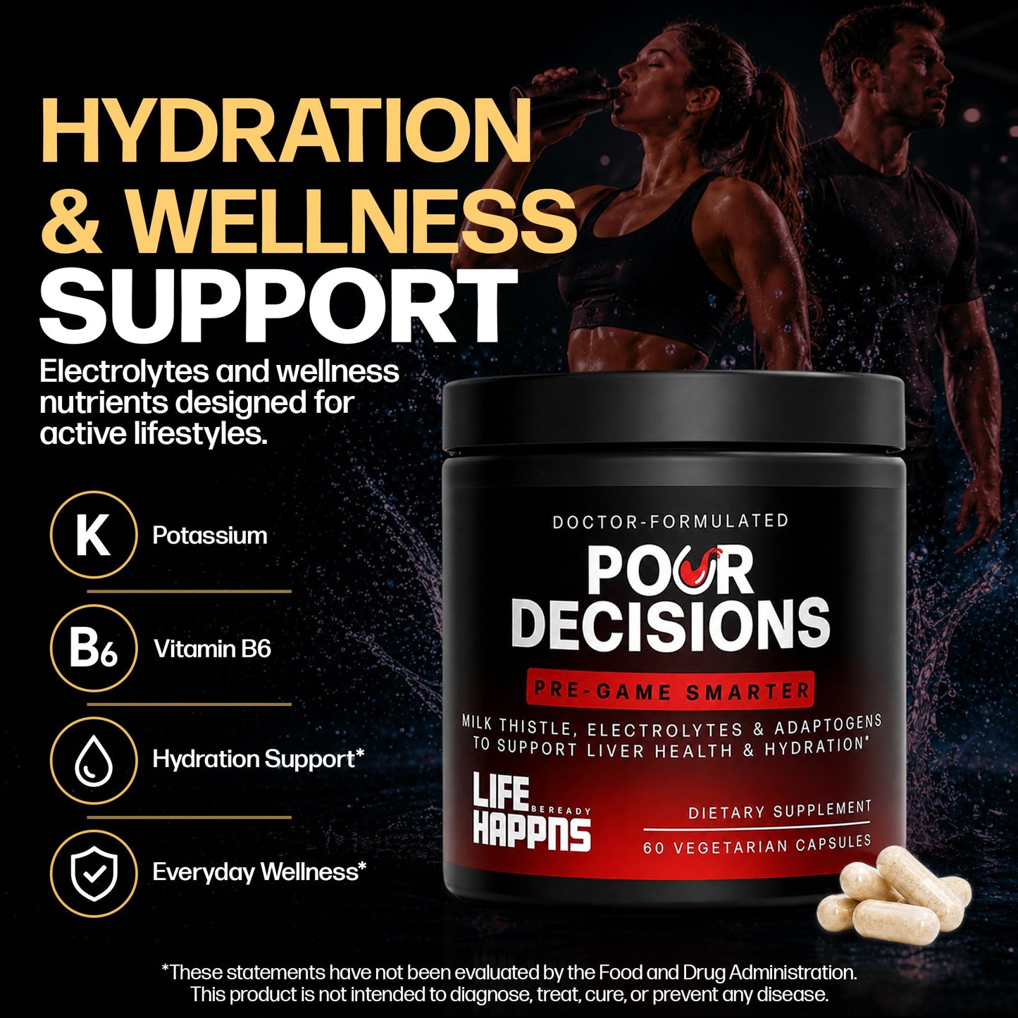 LIFE HAPPNS BE READY Pour Decisions Alcohol Support Supplement for Adults with Milk Thistle, Potassium, Vitamin B6 & Schisandra – Doctor Formulated Next-Day Wellness, Hydration, Liver Health & Antioxidant Support – 60 Capsules