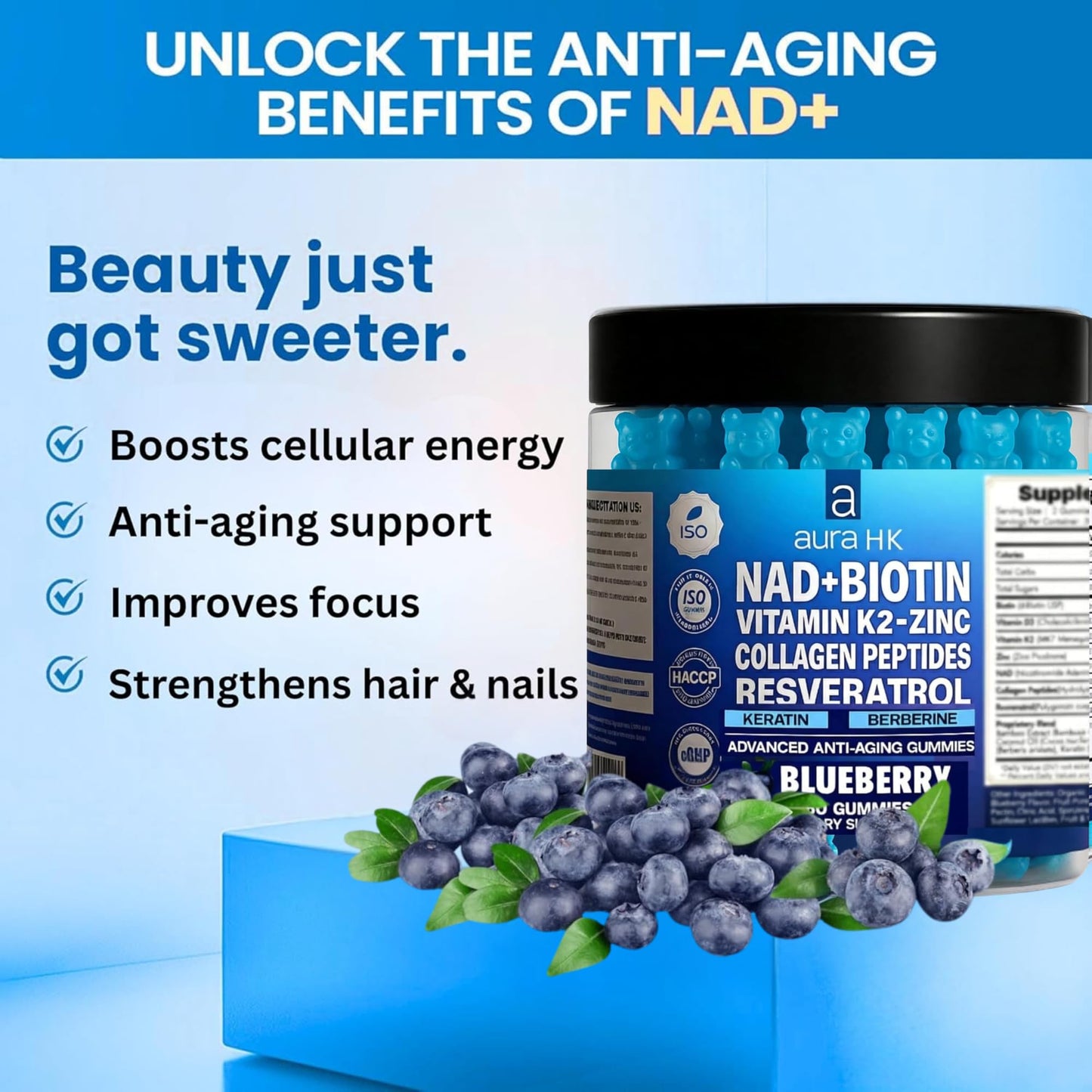 Aura HK NAD+Biotin, Resveratrol, Berberine & Anti-Aging Gummies, Hair, Skin, Nails & Joint Support, Collagen Peptides, Keratin, Zinc, Vitamin K2 & D3 Supplement, Regeneration (Blueberry), 60 Gummies