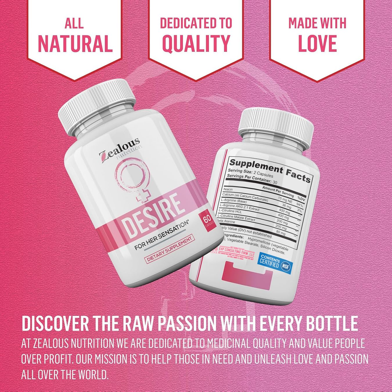 Zealous Nutrition Desire Female Drive Enhancement Pills for Women – Libido Support Supplement – Passion, Excitement & Sensitivity Support - Energy & Vitality Formula - Daily Female Wellness Capsules, 60 Capsules