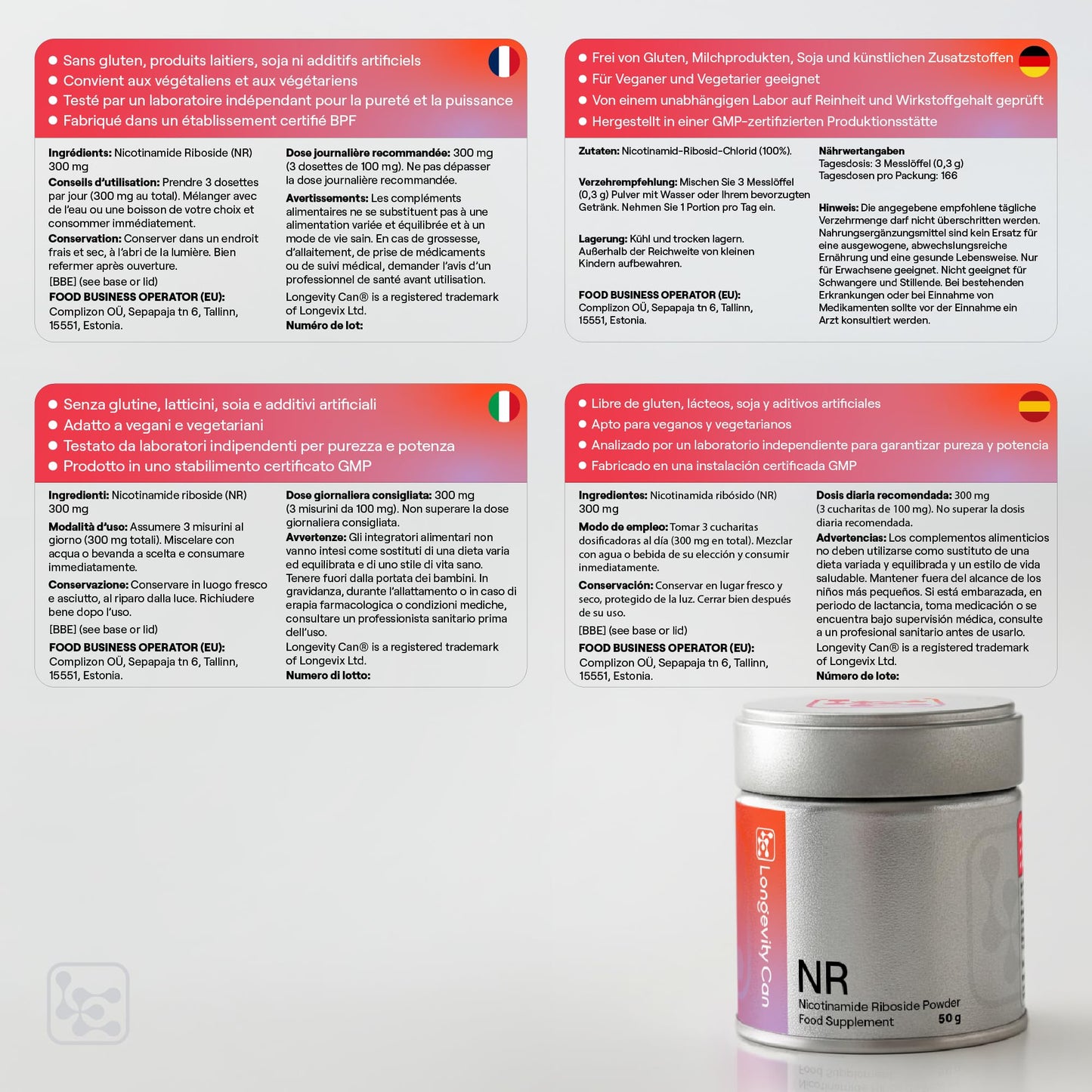 Longevity Can Nicotinamide Riboside Chloride Powder 1.76 oz