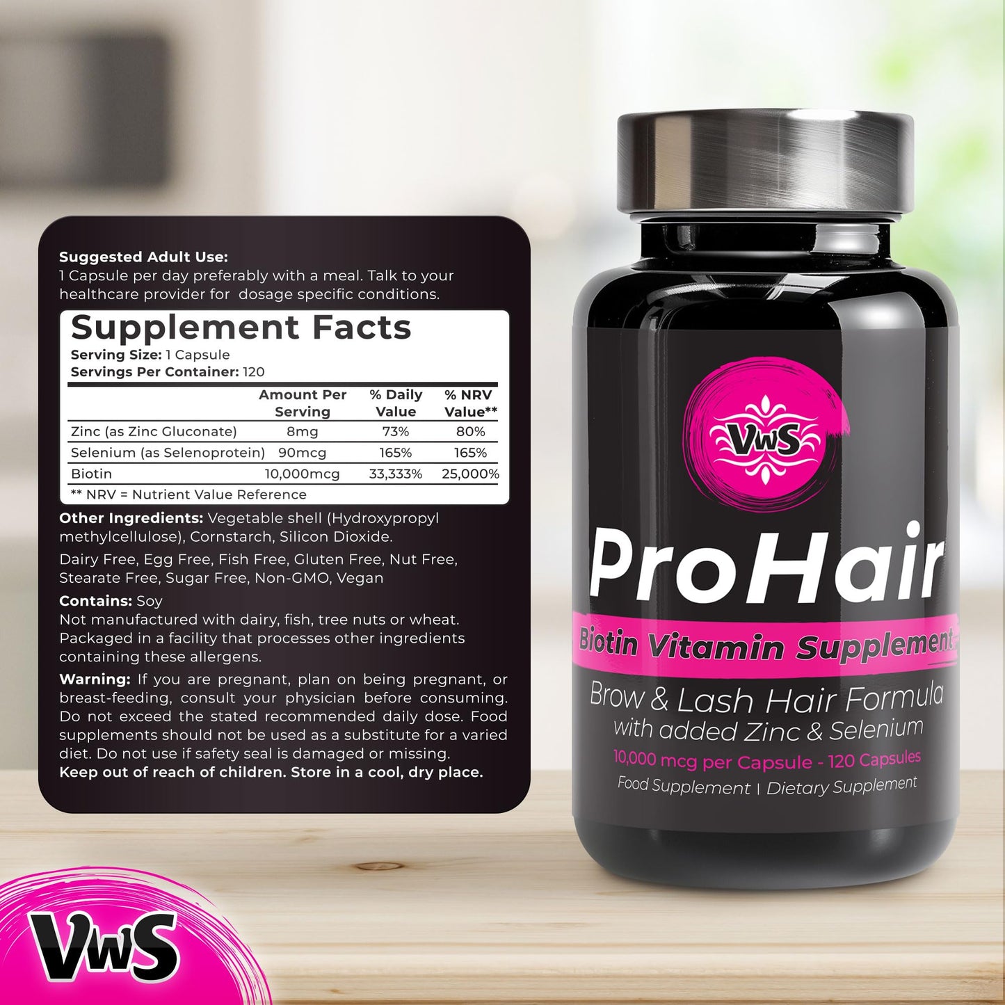 VWS Biotin 10,000 mcg Dietary Supplement with Zinc & Selenium, 120 Capsules