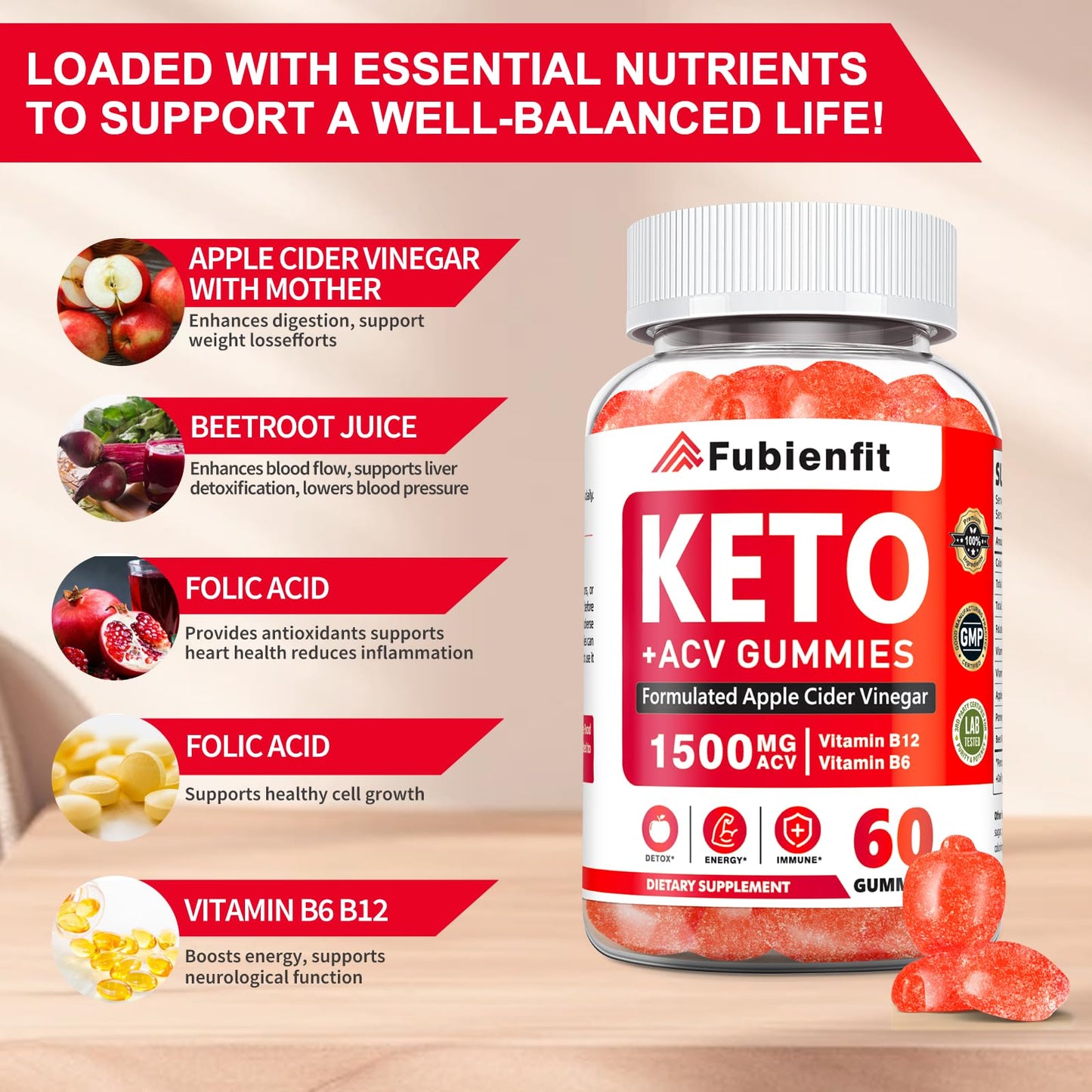Fubienfit Keto ACV Gummies for Women - Apple Cider Vinegar Gummies with Mother, Gummy, 60 Count