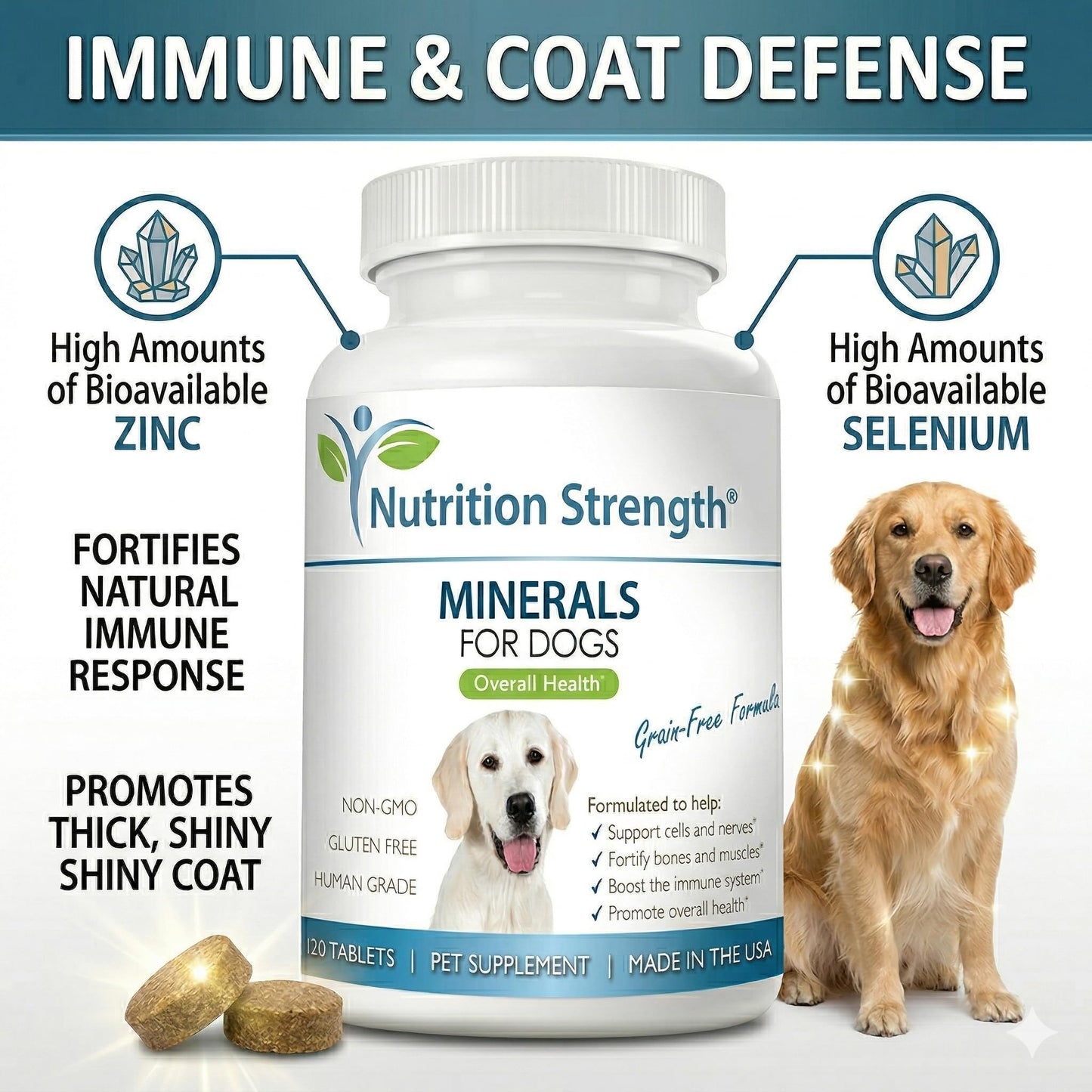Nutrition Strength Dog Minerals & Electrolytes - Essential Raw Diet Balancer & Senior Dog Vitality Support - Calcium, Magnesium, Zinc, Iron & Selenium for Bone, Muscle & Nerve Health, 120 Tablets