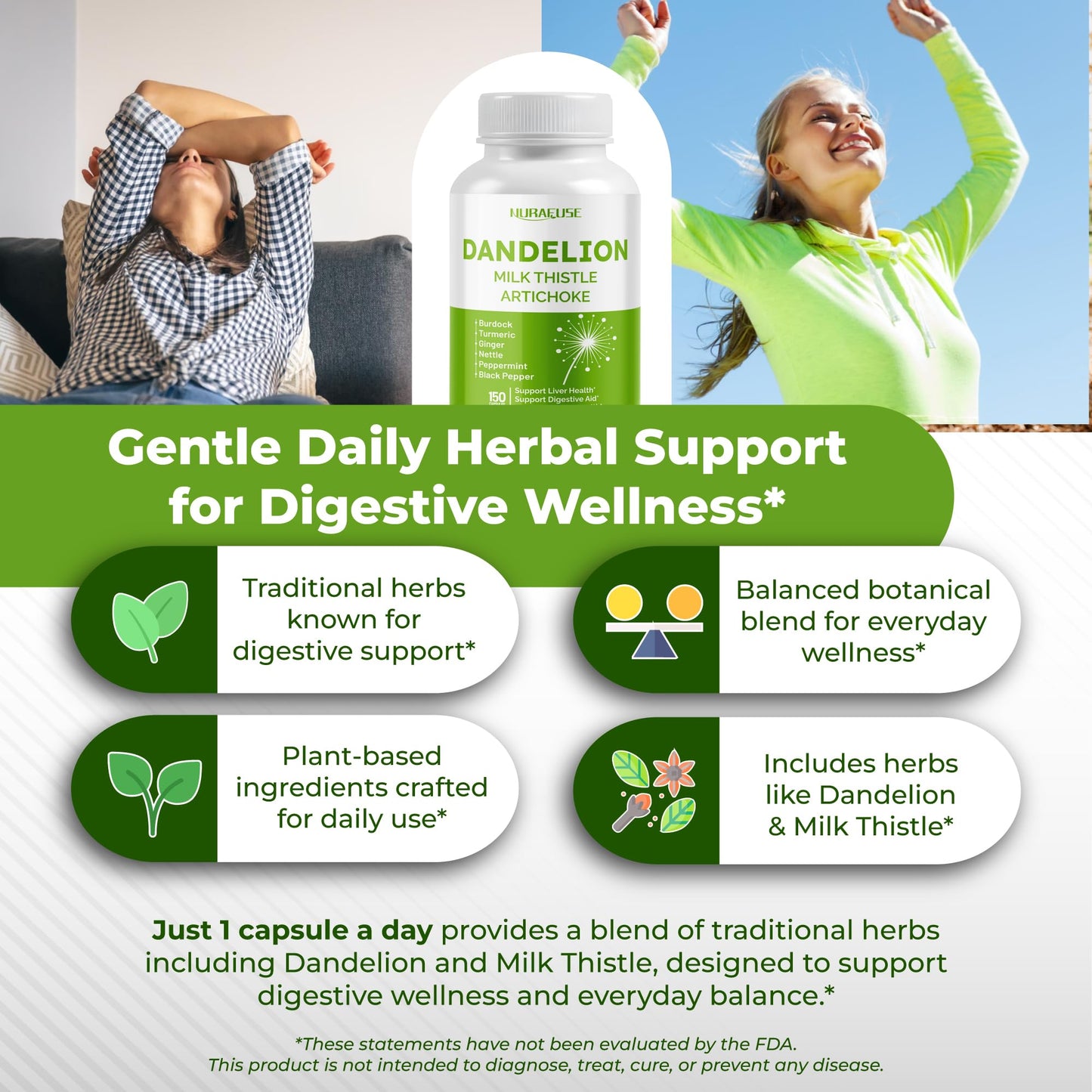 NURAFUSE Dandelion Milk Thistle Artichoke Burdock Turmeric Capsule 150 Count