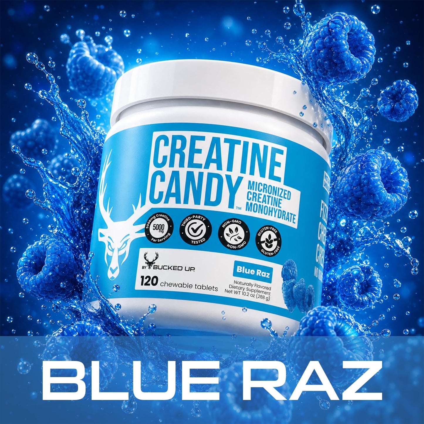 Bucked Up Creatine Candy Blue Raz Micronized Creatine Monohydrate, 24 Tablets