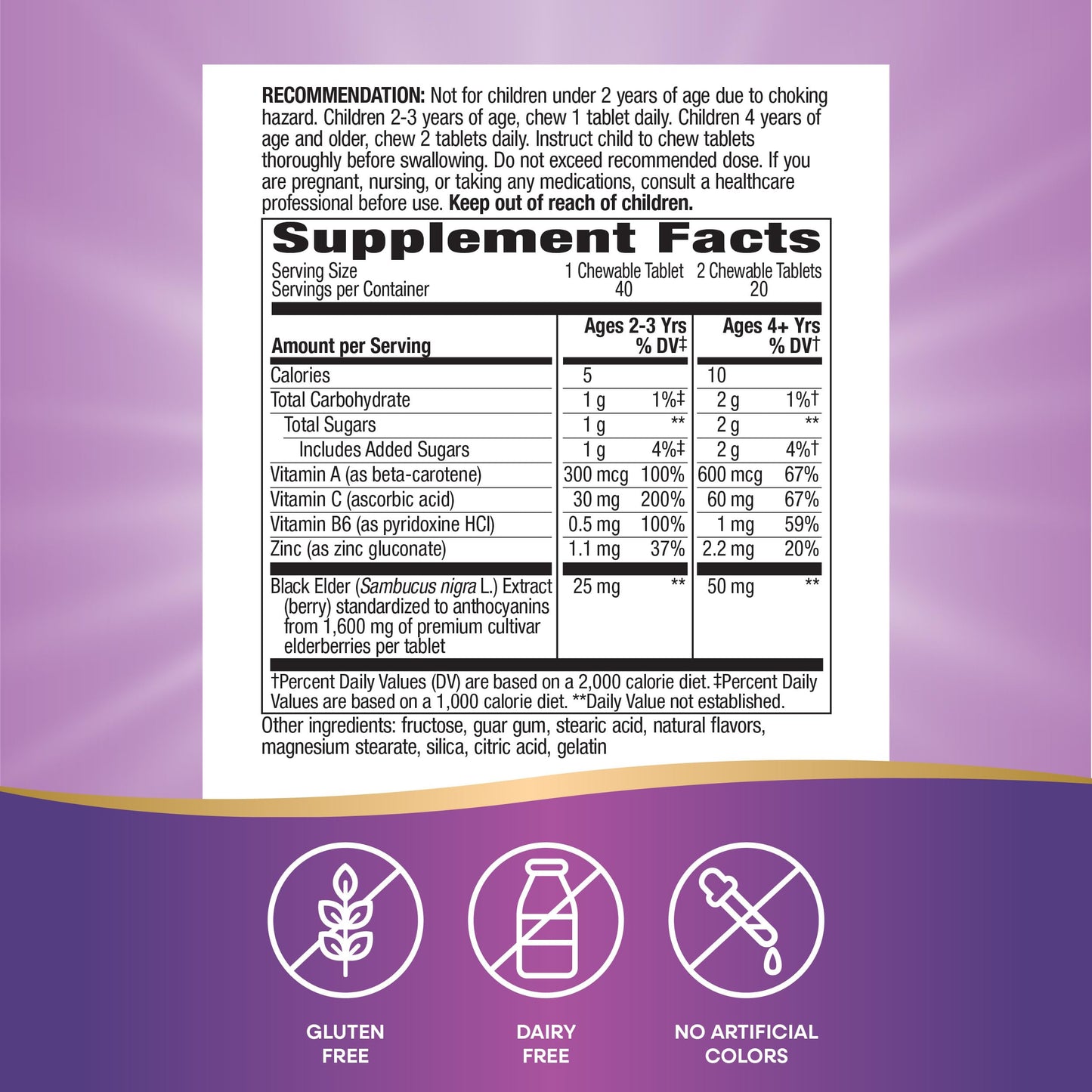 Nature's Way Sambucus Elderberry Immune Chewable for Kids Ages 2+, 40 Chewable Tablets