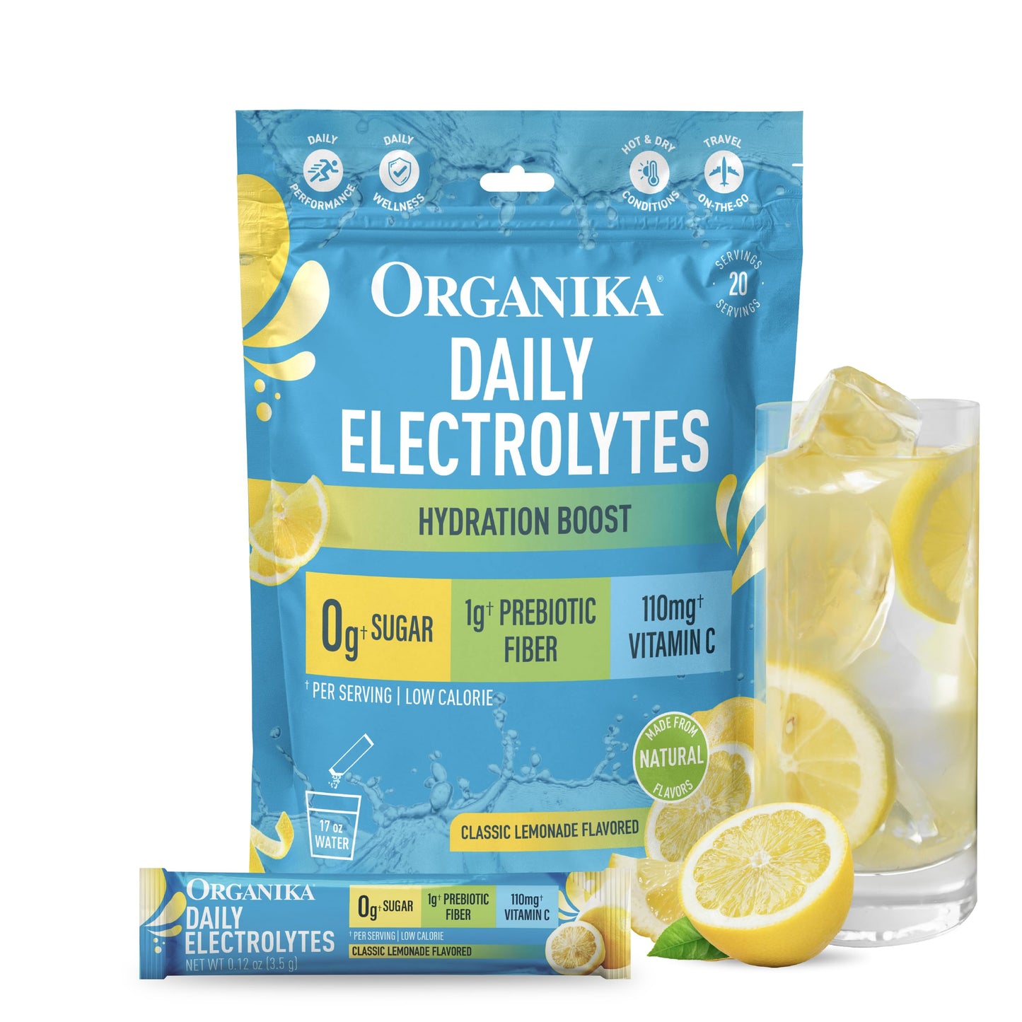 Organika Electrolytes Powder Classic Lemonade, On-The-Go, Sugar-Free Hydration and Electrolyte Replenishment with Prebiotics and Vitamin C, 2.47 Ounce
