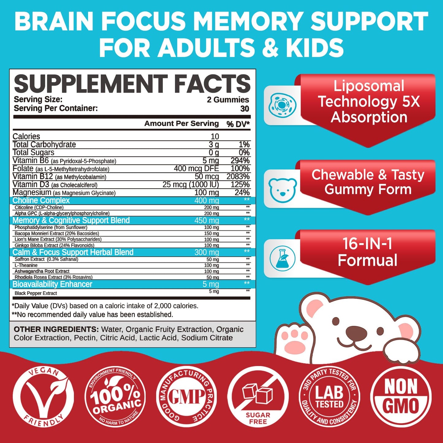 HOLLEGEND Brain Supplement Gummies with Choline, Lion’s Mane, Phosphatidylserine & More, Memory & Focus Support, Vegan, Sugar Free, Organic, 60 Gummies