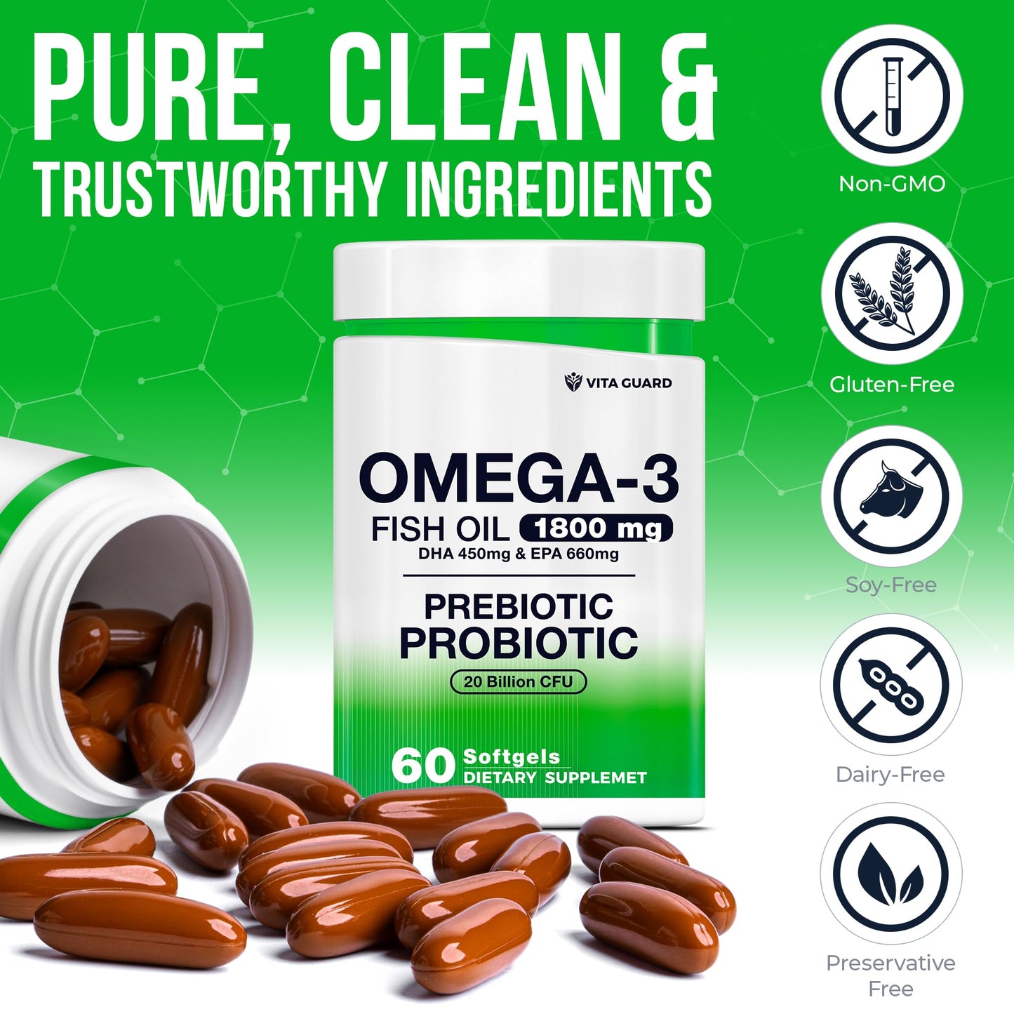 Vita Guard Omega-3 Fish Oil with Prebiotics & Probiotics Softgel 60 Count