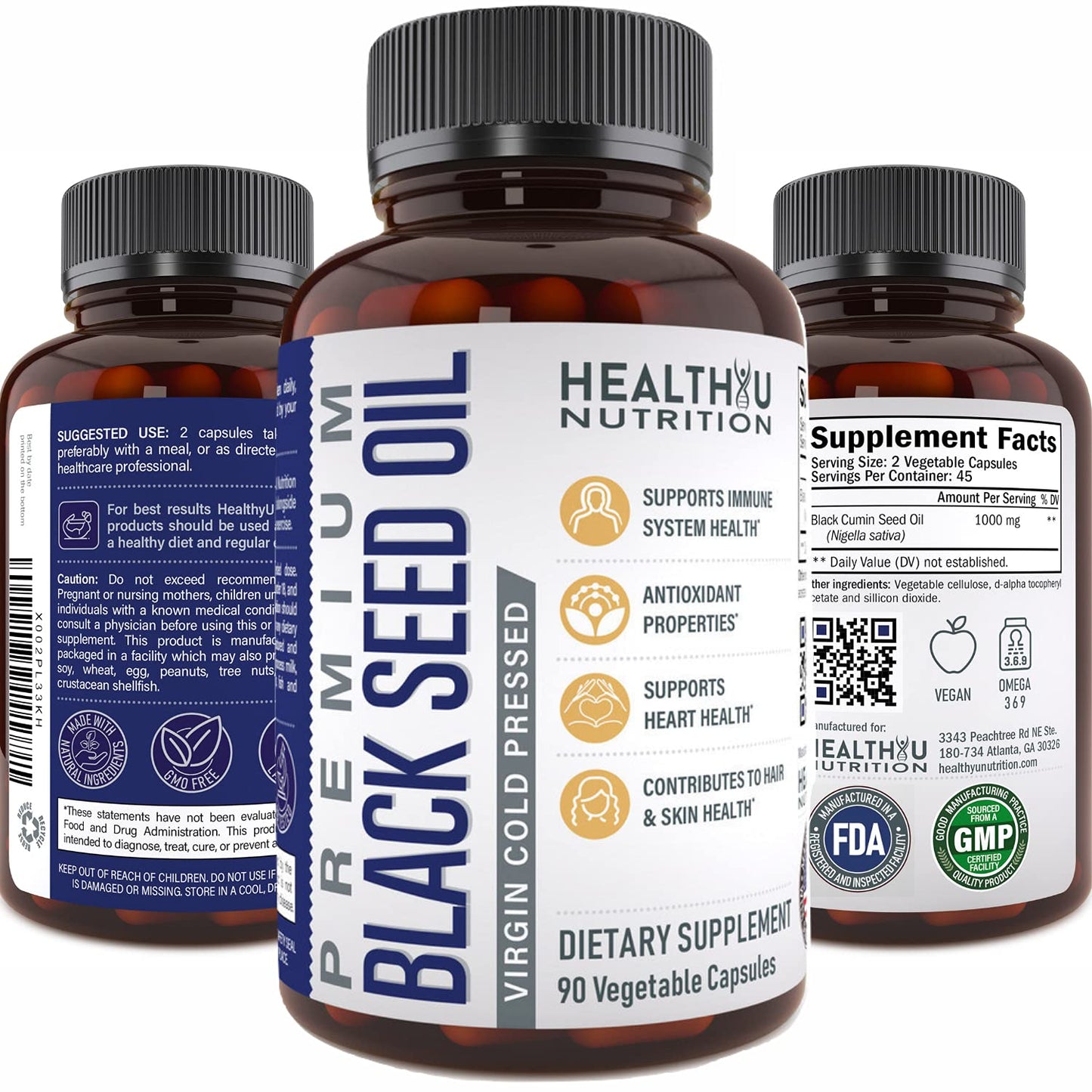 HEALTHYU NUTRITION Vegan Black Cumin Seed Oil Capsules 1000mg Cold Pressed Nigella Sativa 1 Count