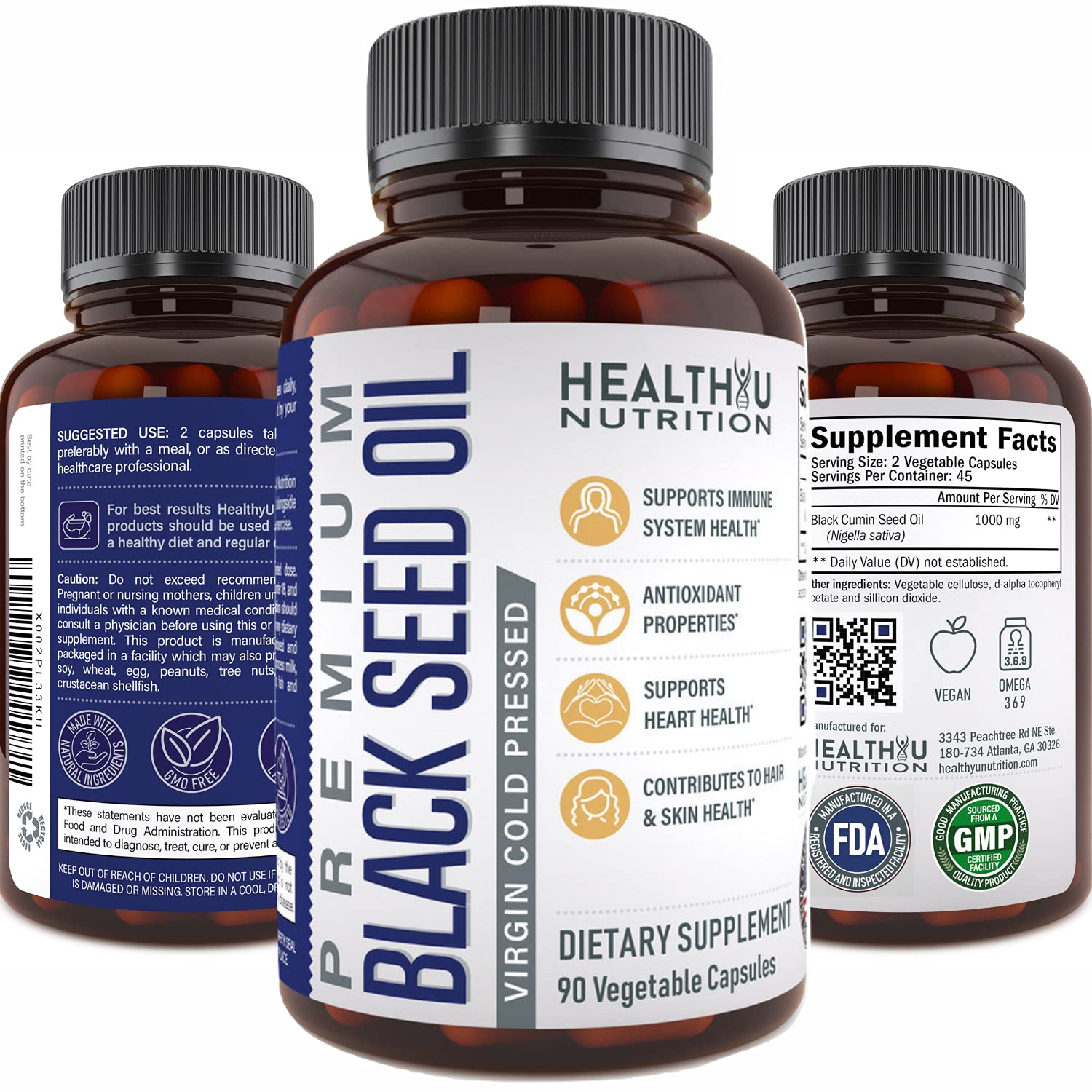 HEALTHYU NUTRITION Vegan Black Cumin Seed Oil Capsules 1000mg Cold Pressed Nigella Sativa 1 Count
