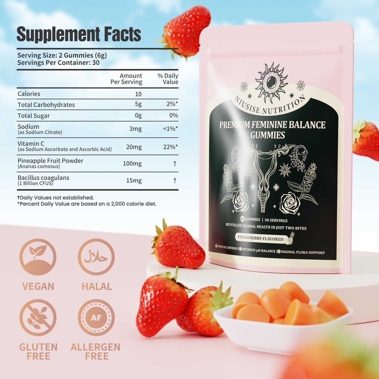 NIUSISE Feminine Balance Gummies, Premium Balance Supplement for Women PH Health, Immune Support, Energy Support, Vegan, Gluten-Free, Strawberry Flavor, Delicious 60 Gummies, 1 Pack 30 Servings