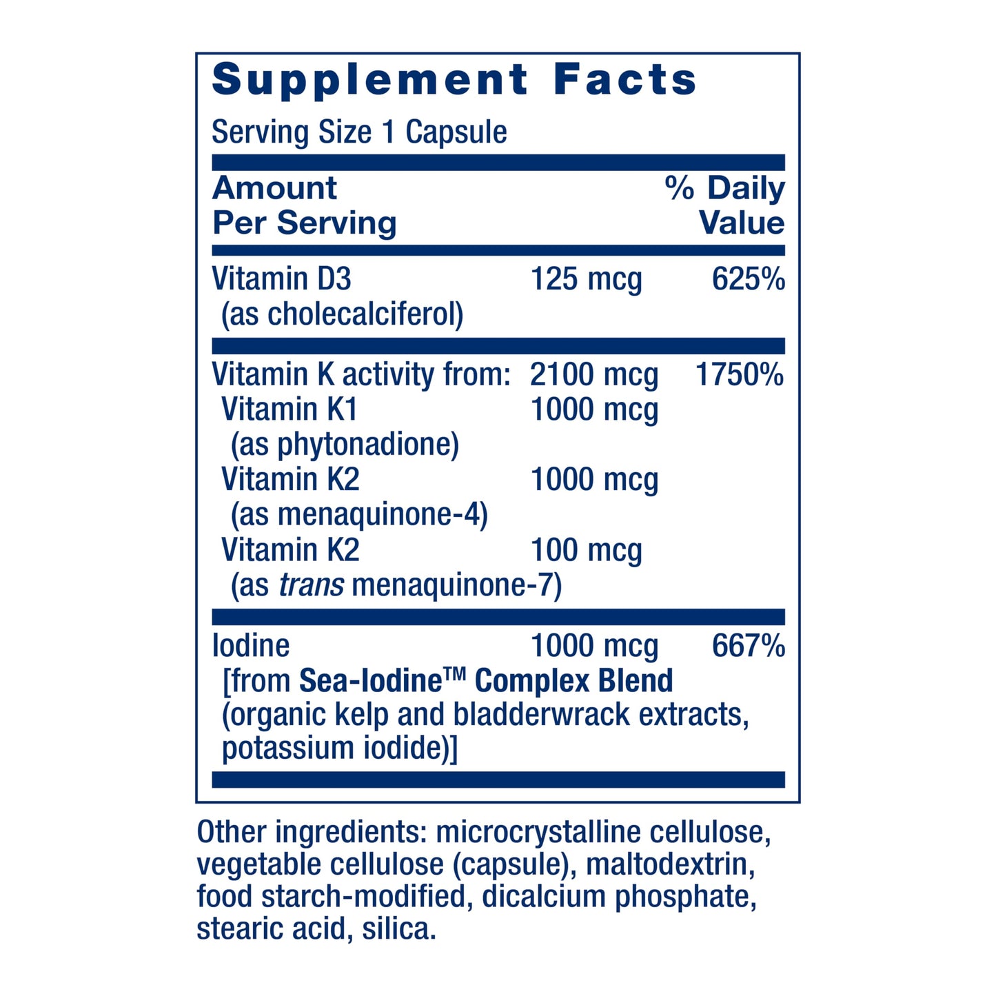 Life Extension Vitamin D3 and K2 with Sea-Iodine, 60 Capsules